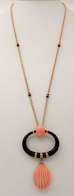 Japanese Coral, Diamonds, Onyx, 18kt Rose Gold Pendant Necklace