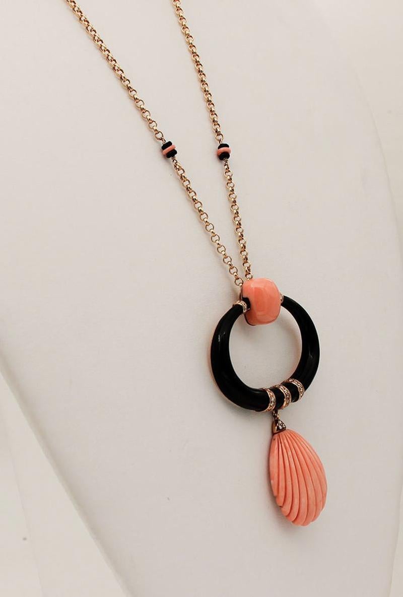 Retro Japanese Coral, Diamonds, Onyx, 18kt Rose Gold Pendant Necklace For Sale
