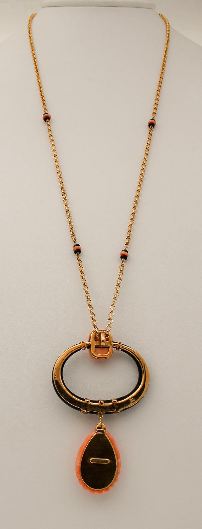 Mixed Cut Japanese Coral, Diamonds, Onyx, 18kt Rose Gold Pendant Necklace For Sale