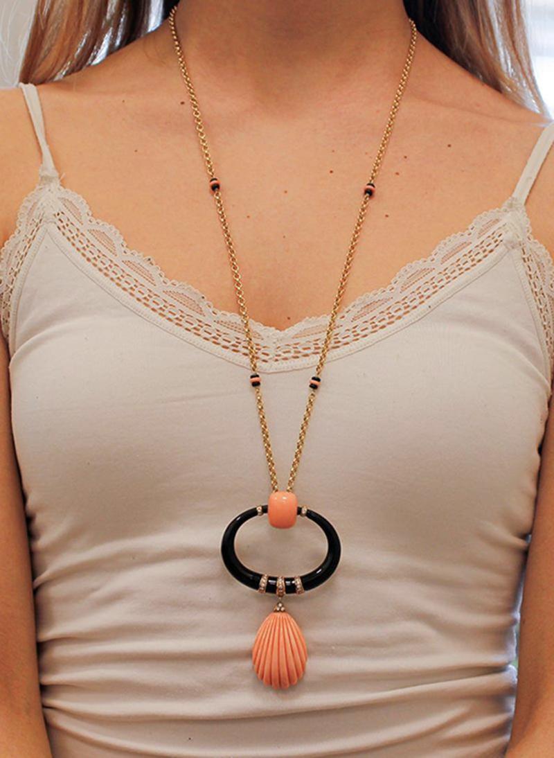 Collier pendentif japonais en or rose 18 carats, diamants et onyx Unisexe en vente