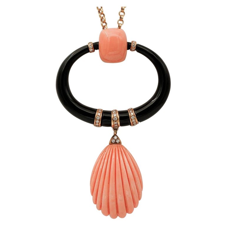 Japanese Coral, Diamonds, Onyx, 18kt Rose Gold Pendant Necklace For Sale