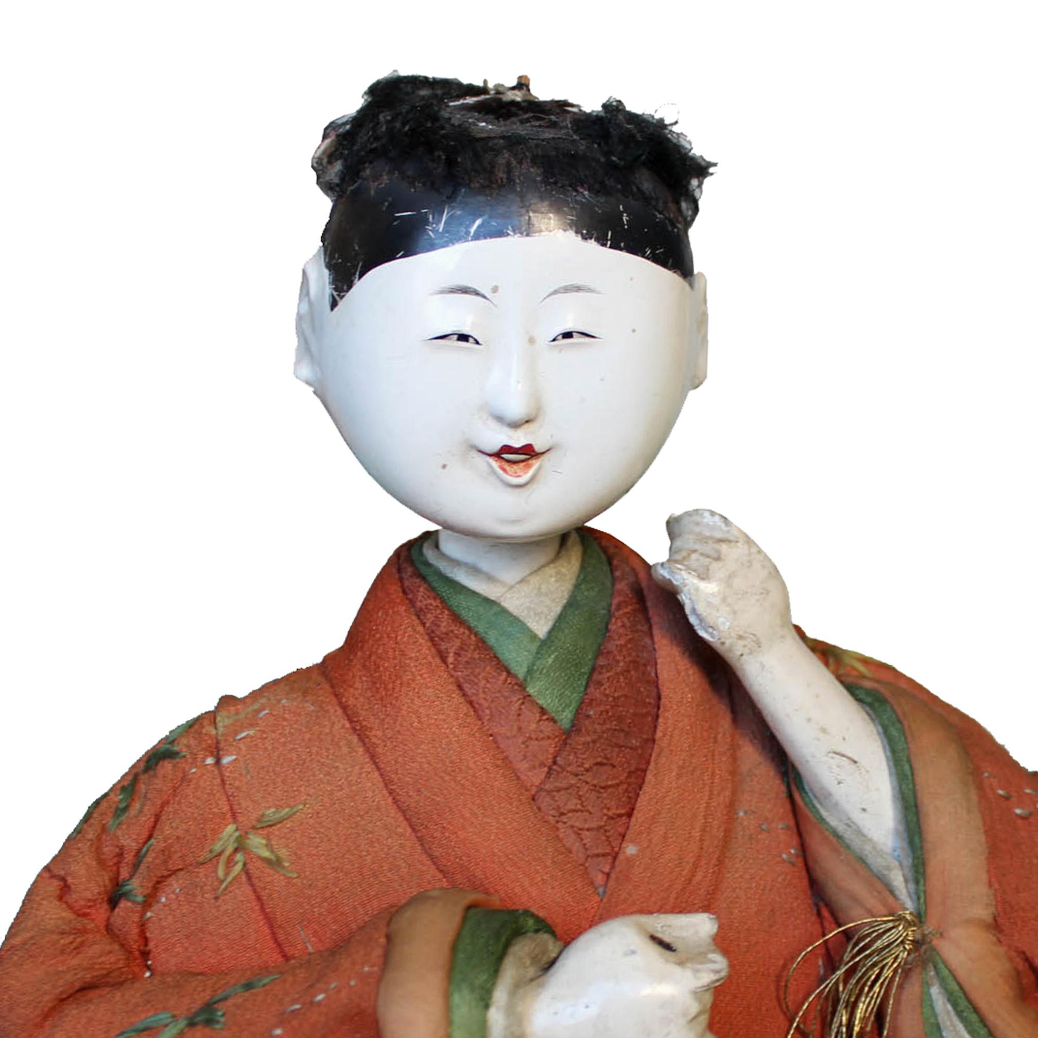 Master artisans skillfully crafted the Kyoto doll with white lacquered wood head and hands, dressed in classic Japanese style clothes made from antique kimono textiles. Doll depicts one of the musicians in traditional Japanese Noh theatre. Hand has