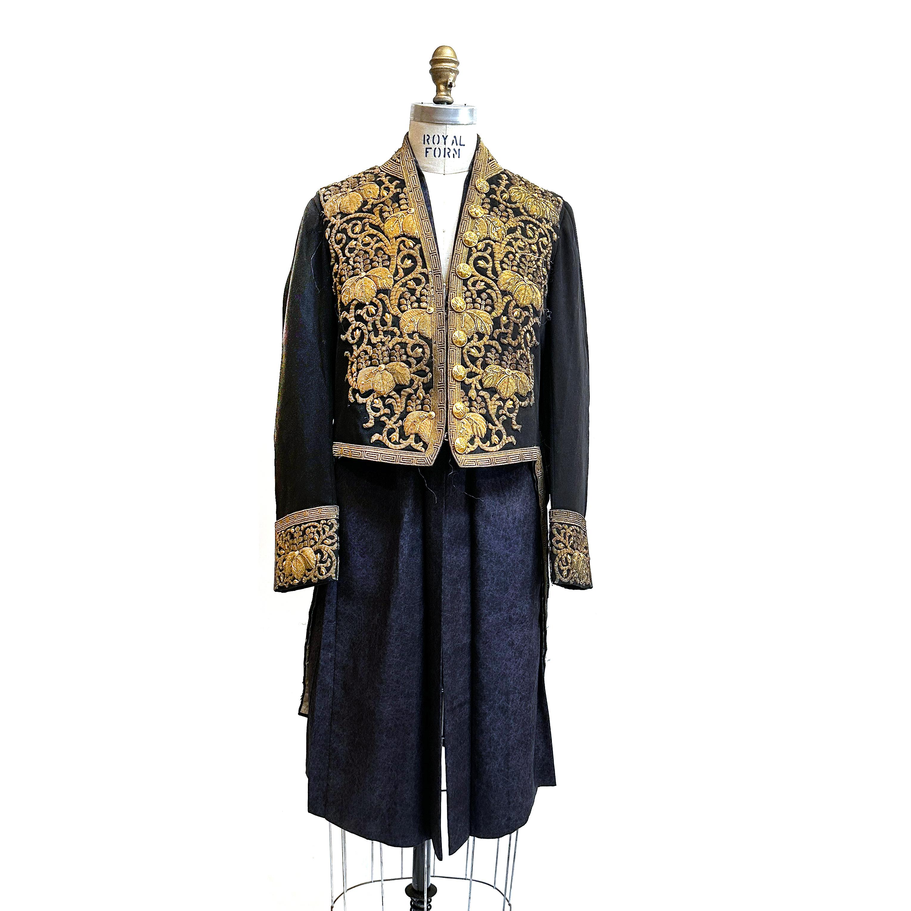 Court Uniform for Imperial Appointee, c. 1887.  
Wool with gold brocade. 
Court and military uniforms in emulation of European ensembles were officially adopted by the Japanese government in 1872.  The intricate gold brocade that adorns the woolen
