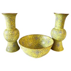 Japanese Coveted Yellow Porcelain Three Piece Set Bowl & Pair of Vases Matching