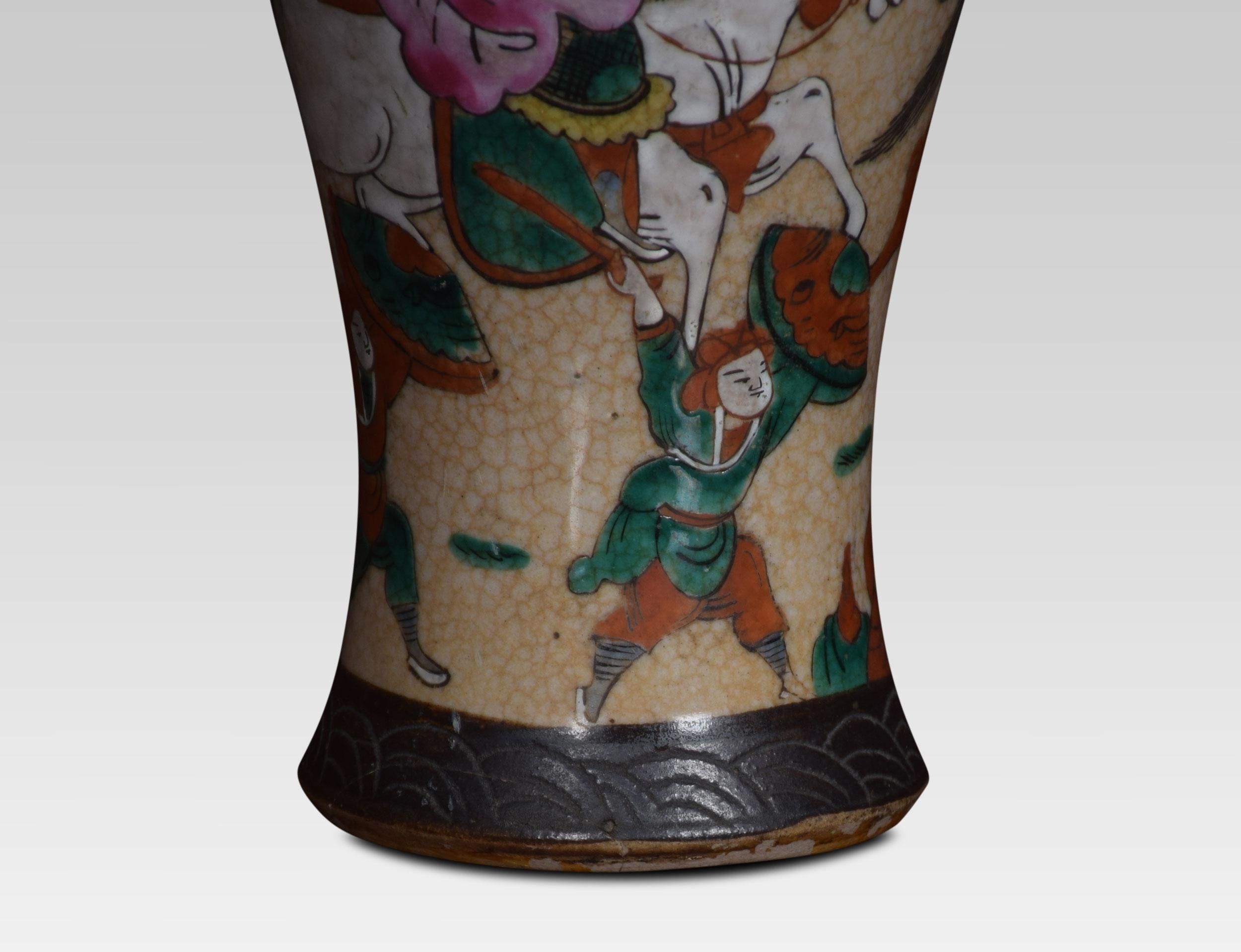 Japanese crackle glaze vase lamp decorated with a battle scene. The lamp has been rewired and tested.
Dimensions:
Height 13.5 inches
Width 4.5 inches
Depth 4.5 inches.