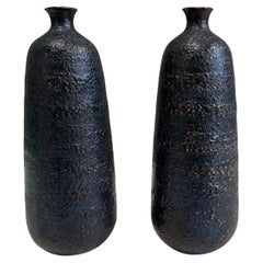 Antique Japanese Craftsman Bronze Vases Black Volcanic Patinated Enamel, Japan 1930's
