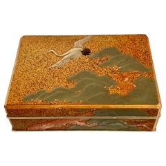 Japanese Crane and Pine Lacquer and Hardwood Box, Tebako, Taisho Period, Japan