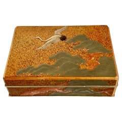 Antique Japanese Crane and Pine Lacquer and Hardwood Box, Tebako, Taisho Period, Japan