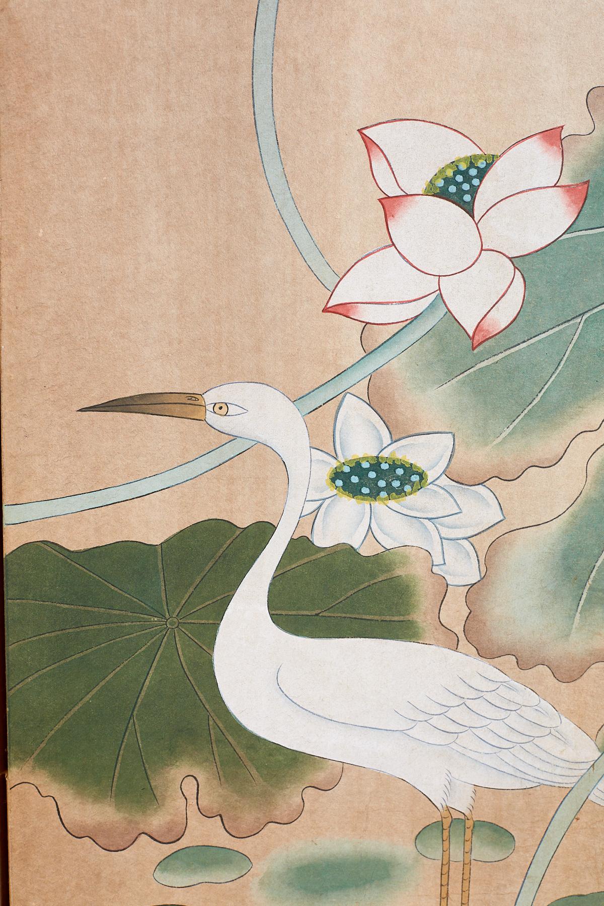 Japanese Cranes and Lotus Blossom Byobu Screen 1