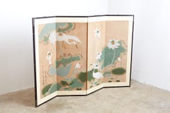 Japanese Cranes and Lotus Blossom Byobu Screen