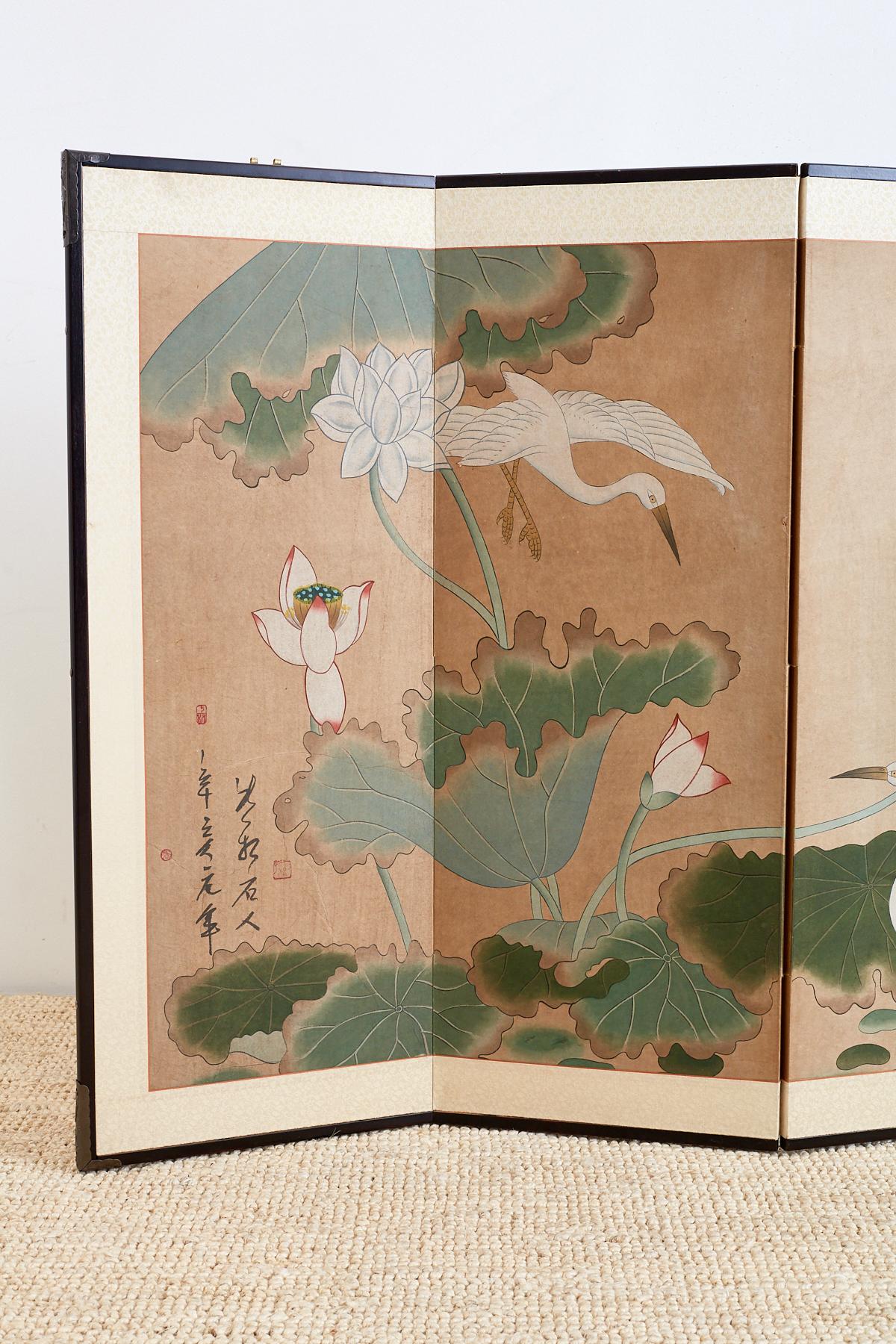Showa Japanese Cranes and Lotus Blossom Byobu Screen