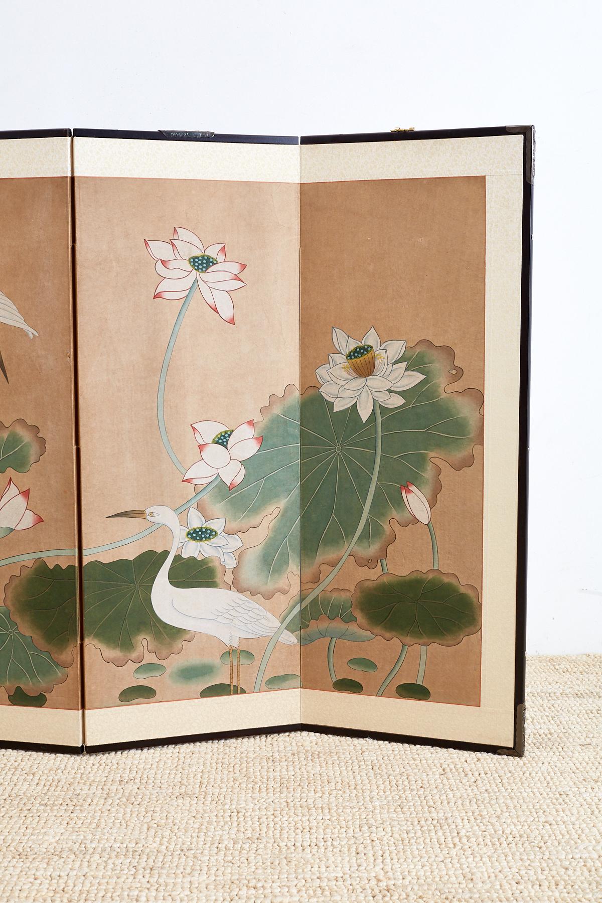 Ebonized Japanese Cranes and Lotus Blossom Byobu Screen