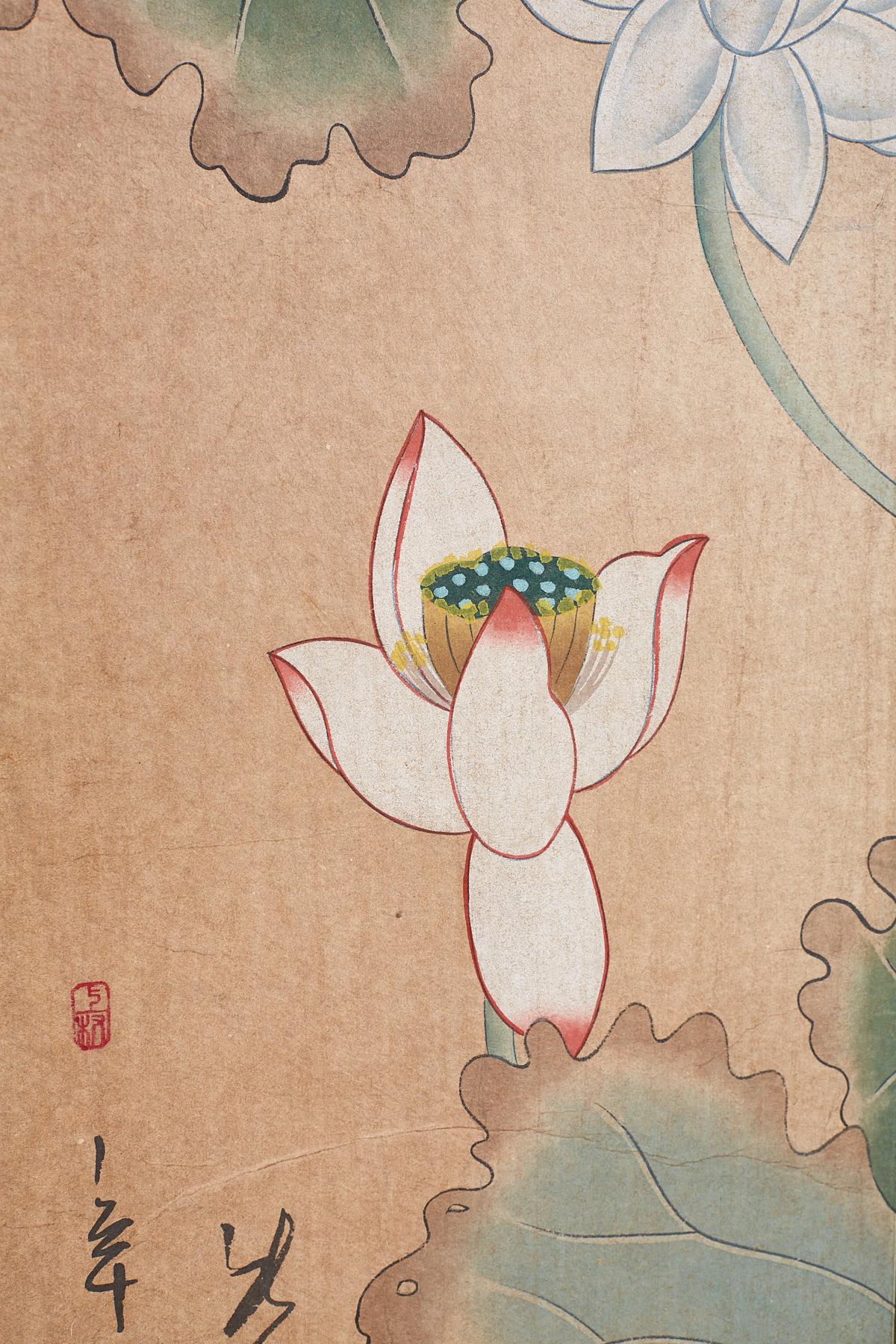 20th Century Japanese Cranes and Lotus Blossom Byobu Screen