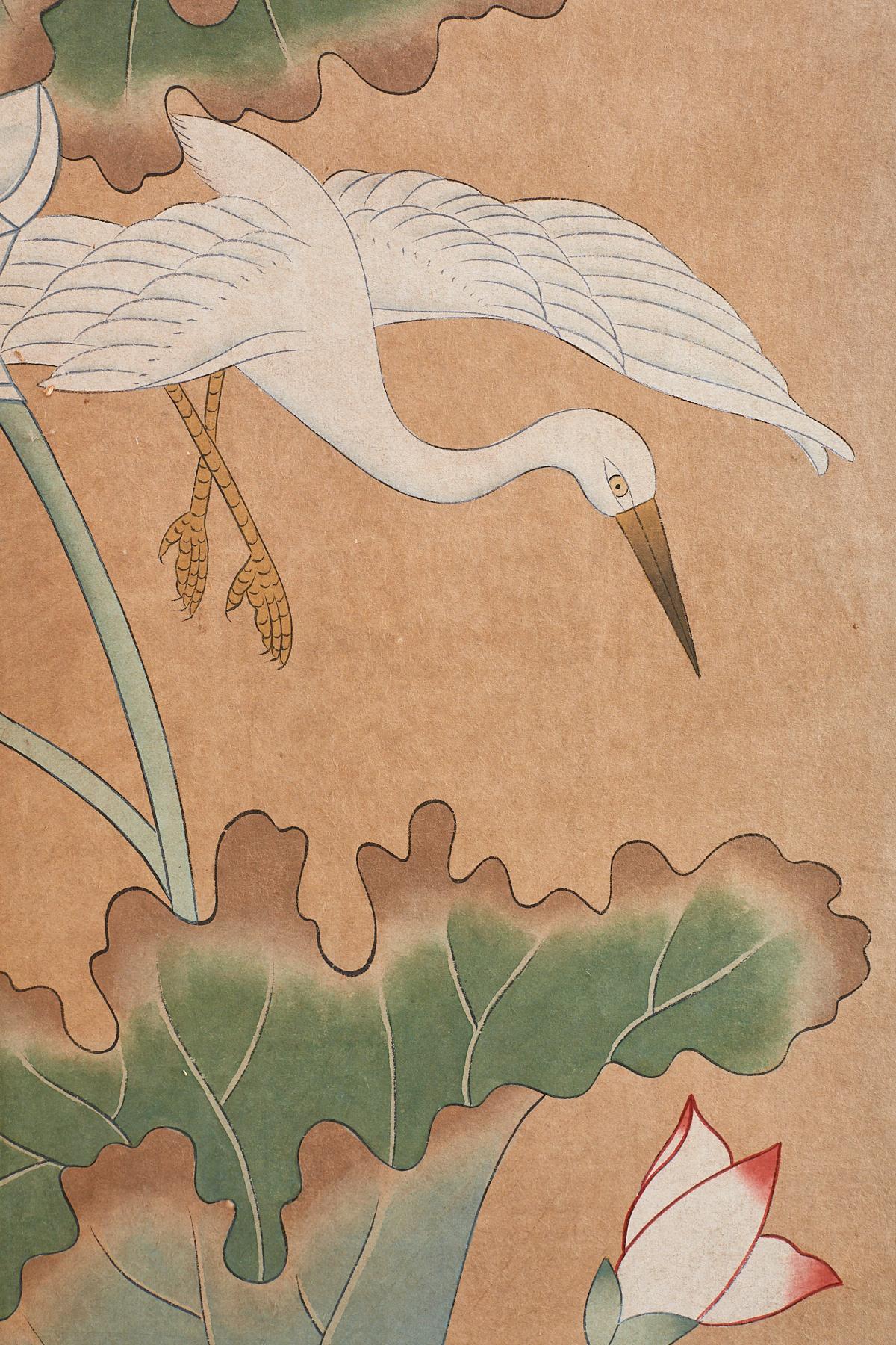 Brass Japanese Cranes and Lotus Blossom Byobu Screen