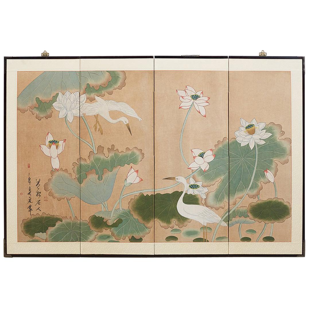 Japanese Cranes and Lotus Blossom Byobu Screen