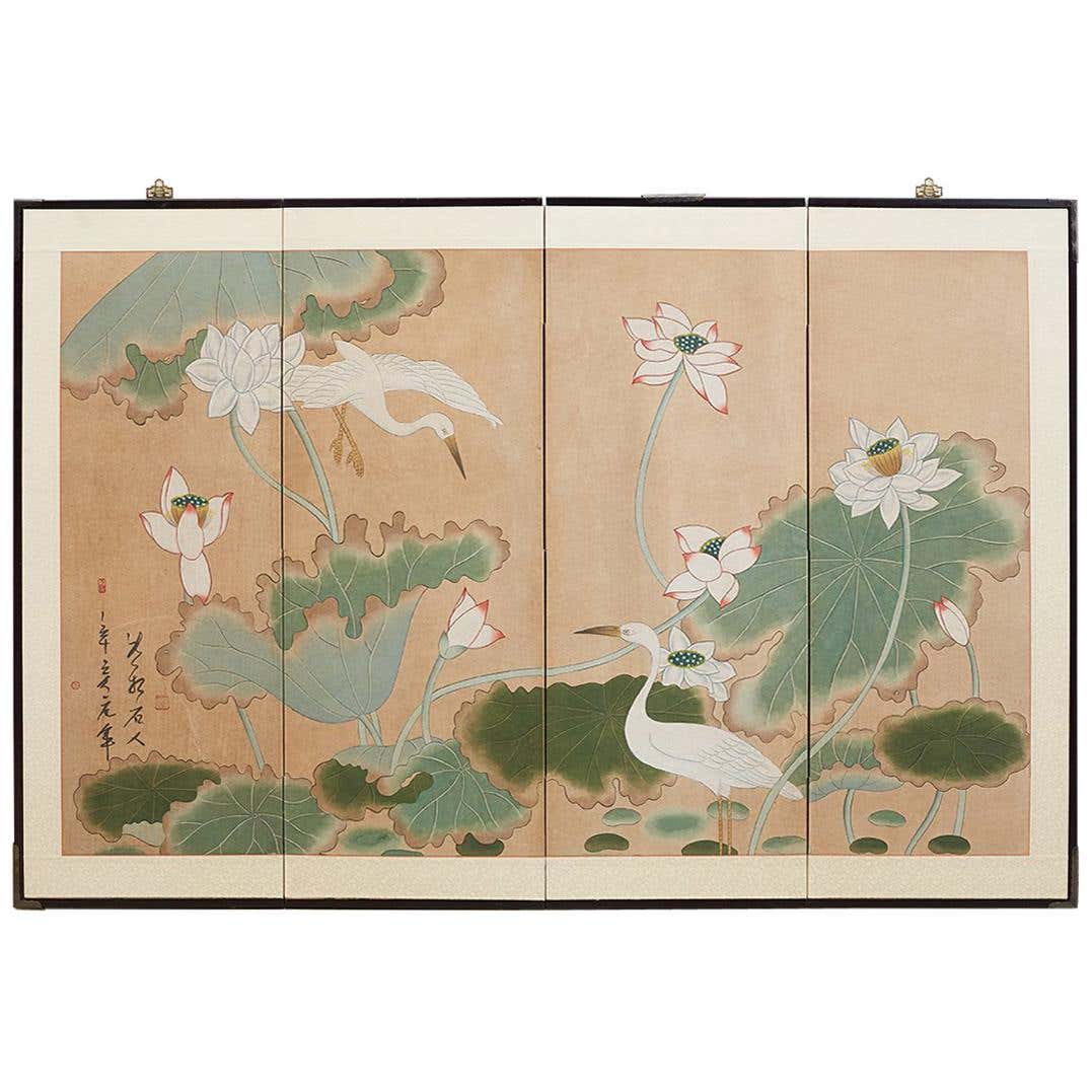 Japanese Cranes and Lotus Blossom Byobu Screen at 1stDibs