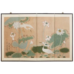 Japanese Cranes and Lotus Blossom Byobu Screen