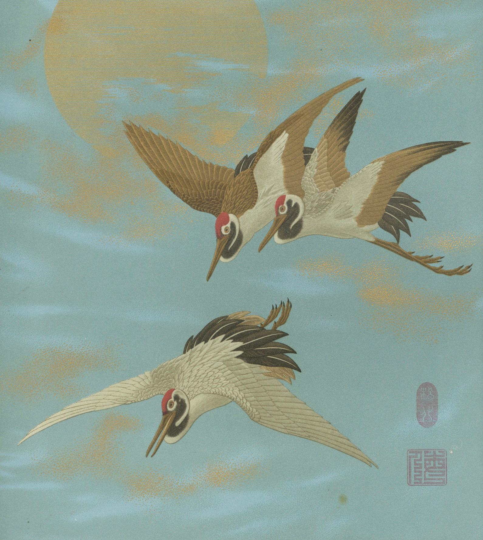 Fin du XIXe siècle Grues japonaises au clair de lune : Lithographie ancienne, années 1880 en vente