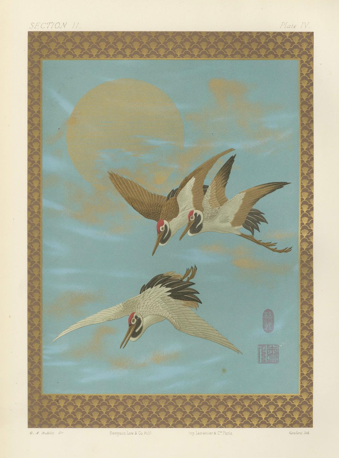 Grues japonaises au clair de lune : Lithographie ancienne, années 1880 en vente 1