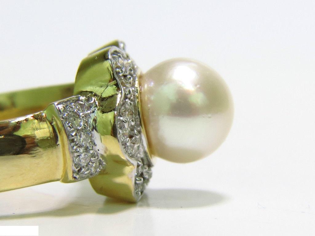 Women's or Men's Japanese Cultured Pearl .75 Carat Diamond Ring 14 Karat Daisy Deco