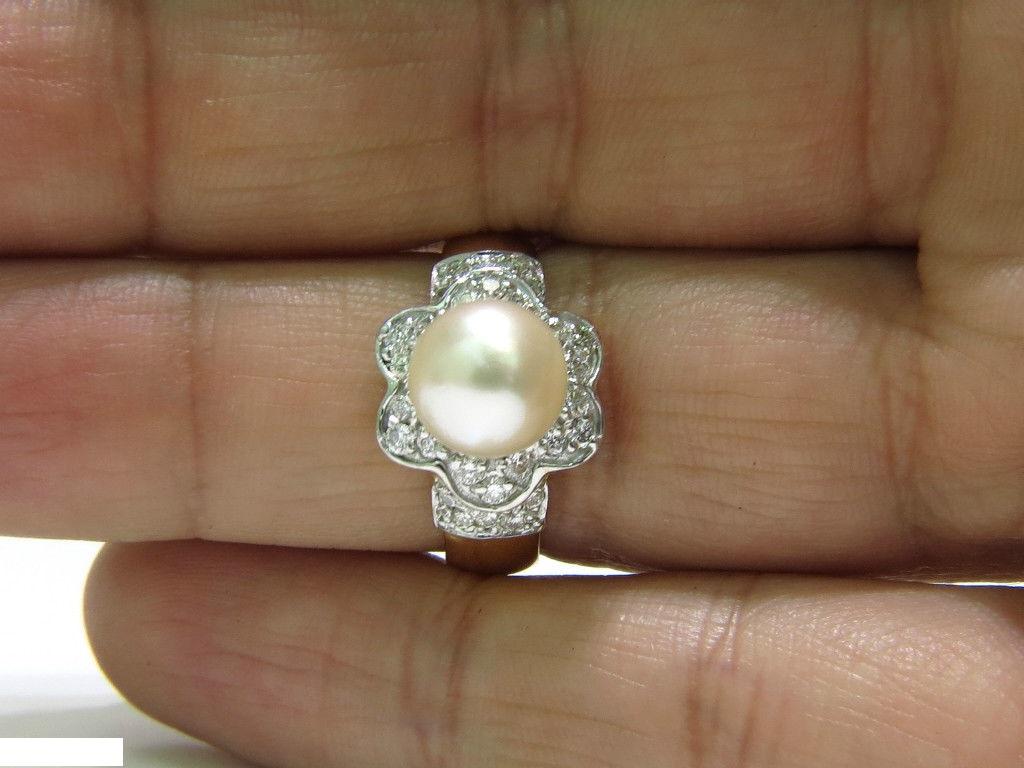 Japanese Cultured Pearl .75 Carat Diamond Ring 14 Karat Daisy Deco 1