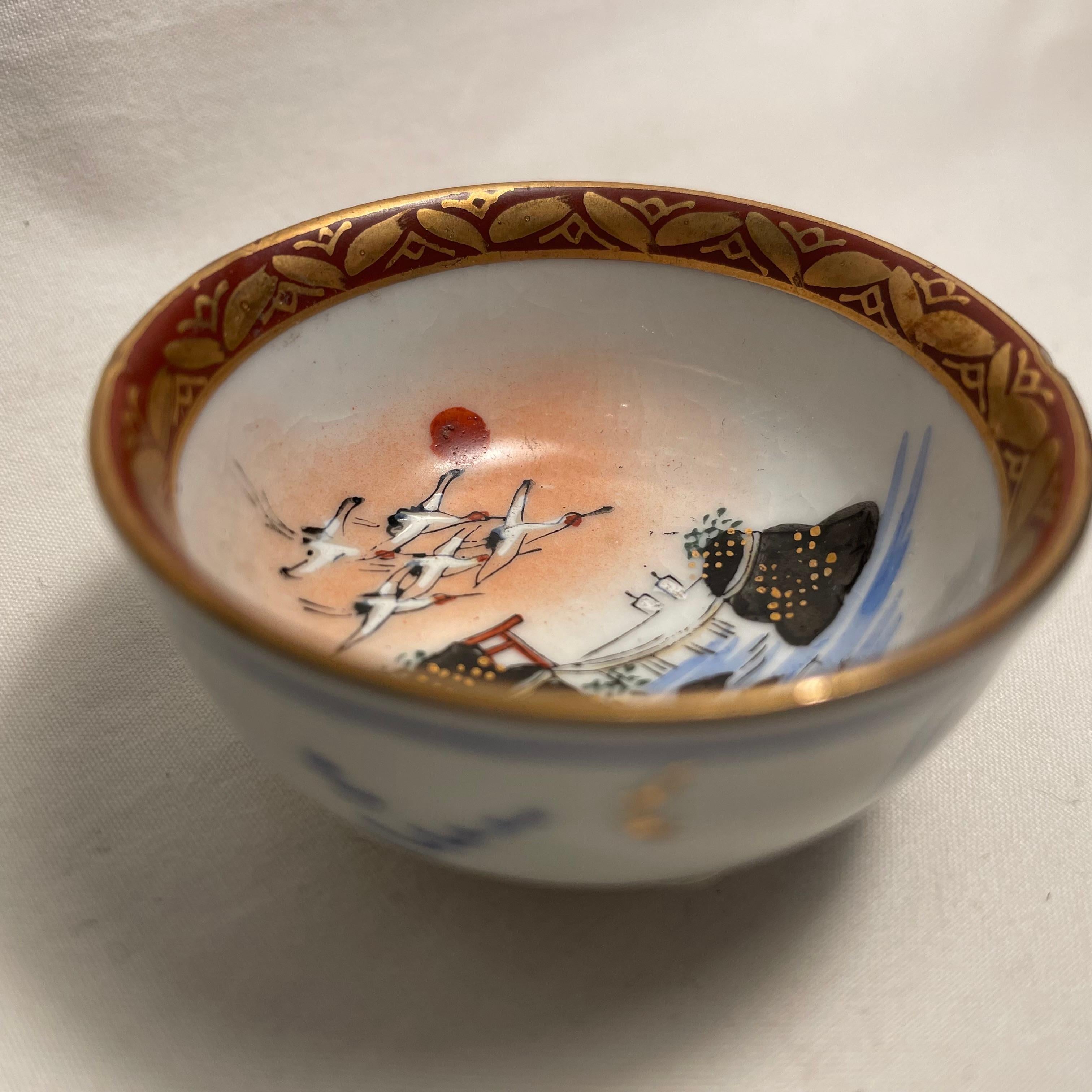 Hand-Painted Japanese Cup of Sake 1960s Showa Porcelain Landscape of ISE For Sale