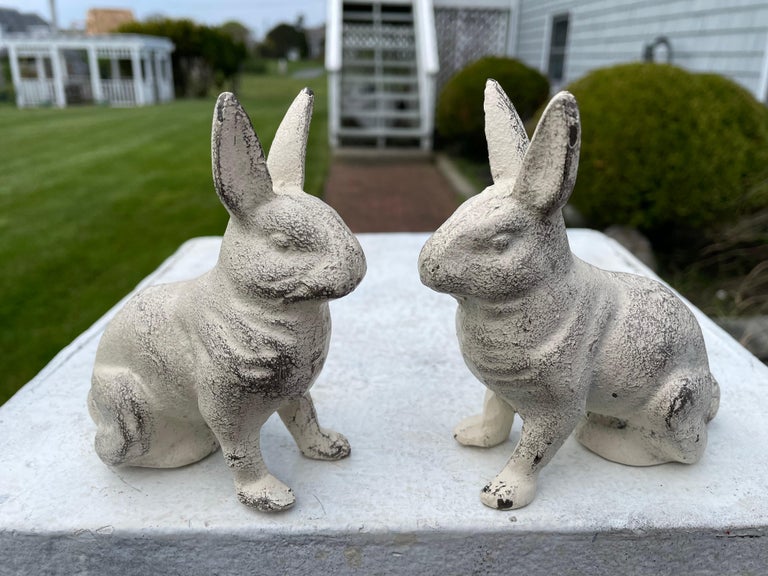 Cast Japanese Pair Small Flower Pot Bunny Rabbits For Sale