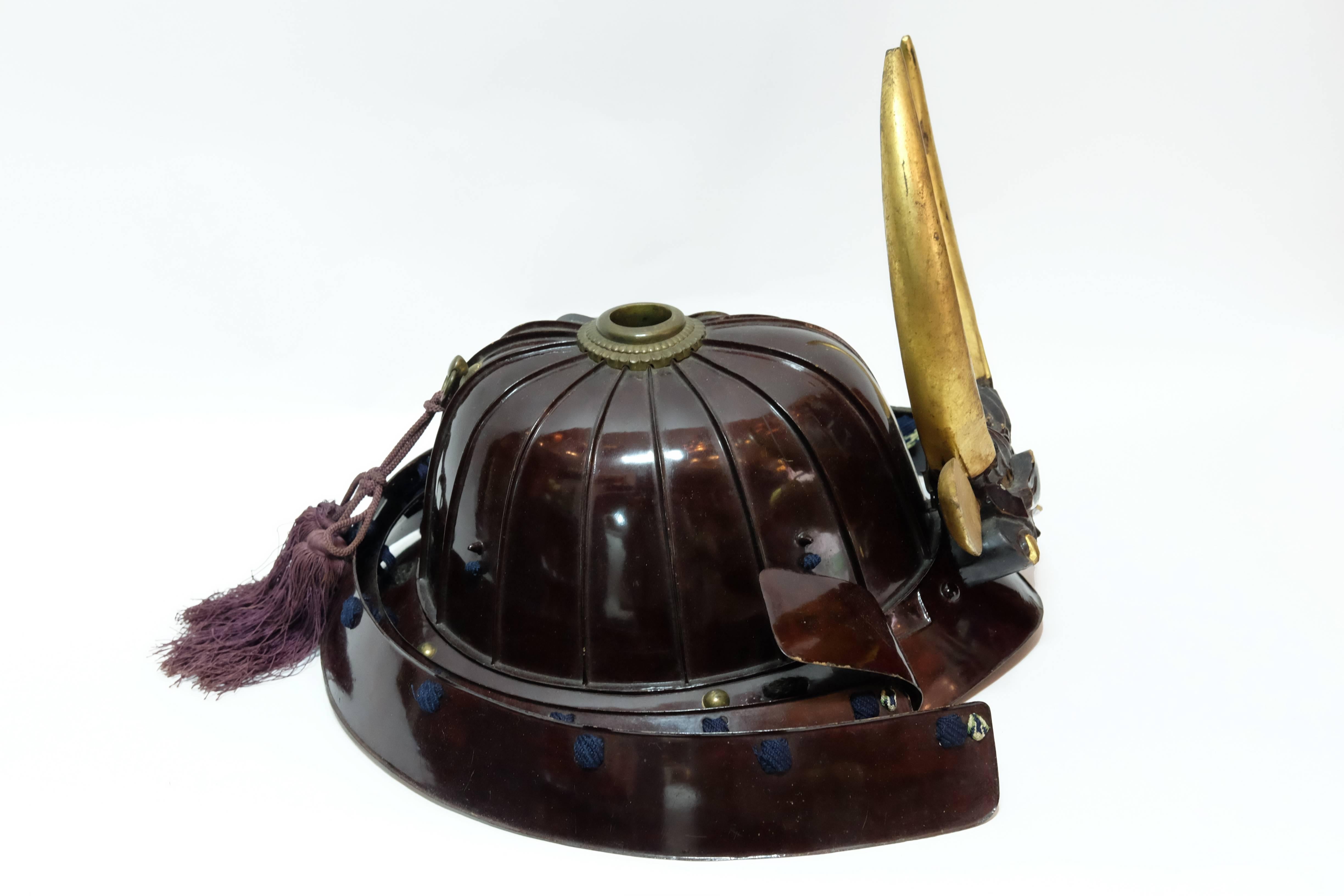 Edo Japanese Dark Brown Lacquered Samurai Warrior Ornamental Helmet, 1850s