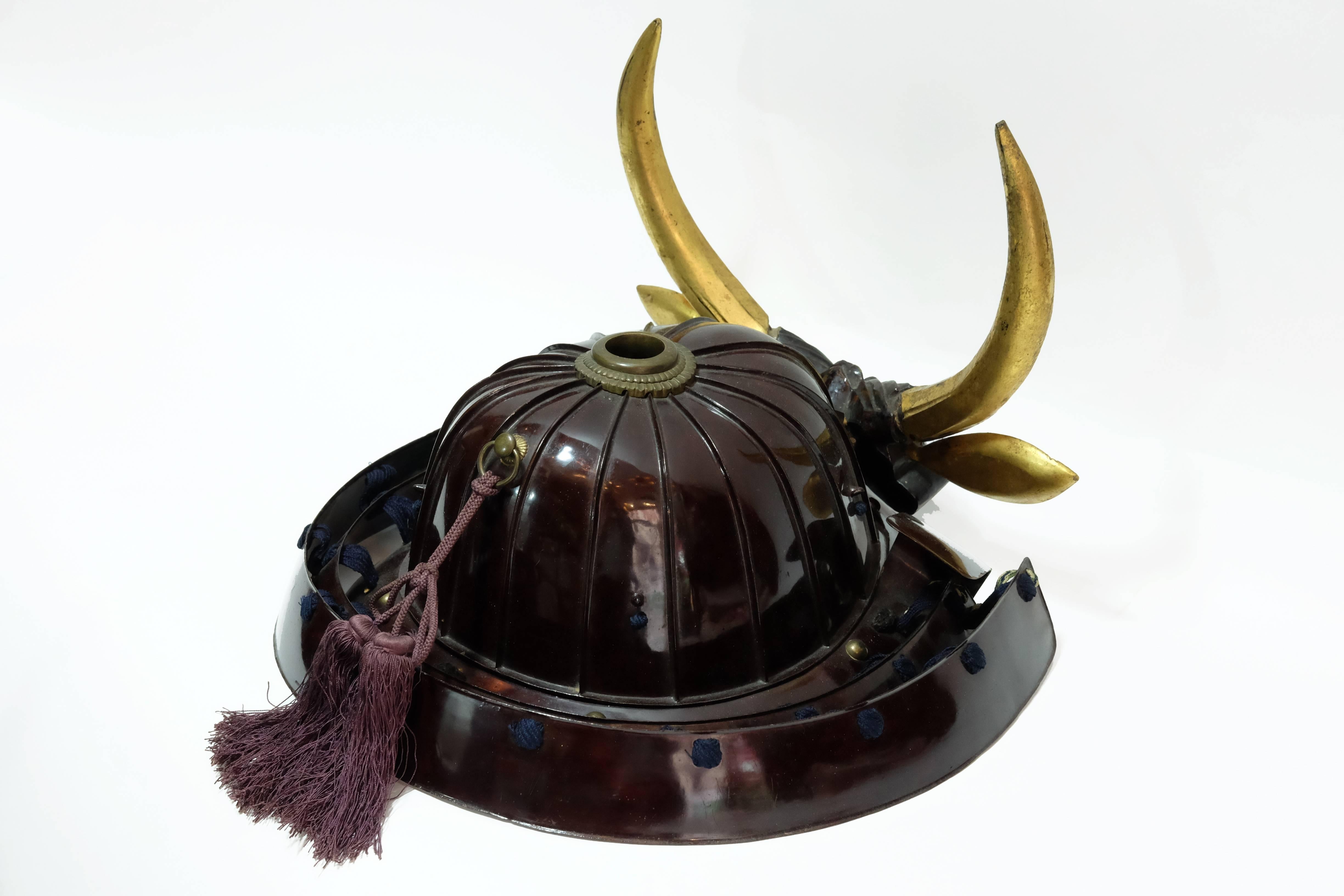 Hand-Crafted Japanese Dark Brown Lacquered Samurai Warrior Ornamental Helmet, 1850s