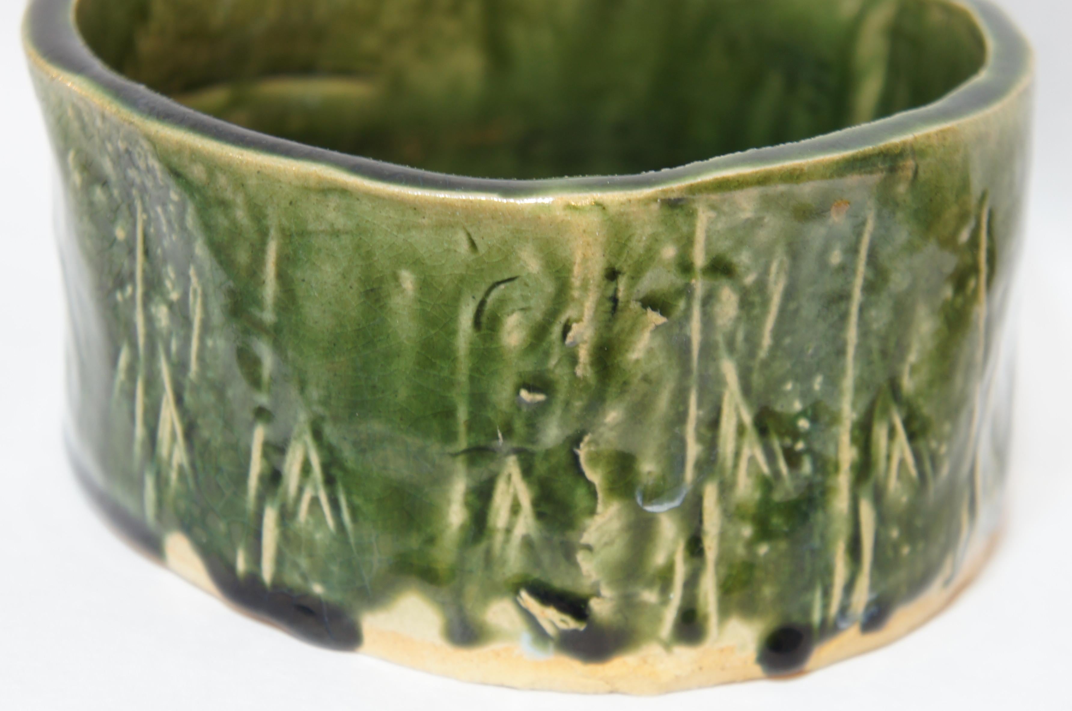 Japanese Dark Green Ceramic Oribe Ware Round Vase, 1950s For Sale 1
