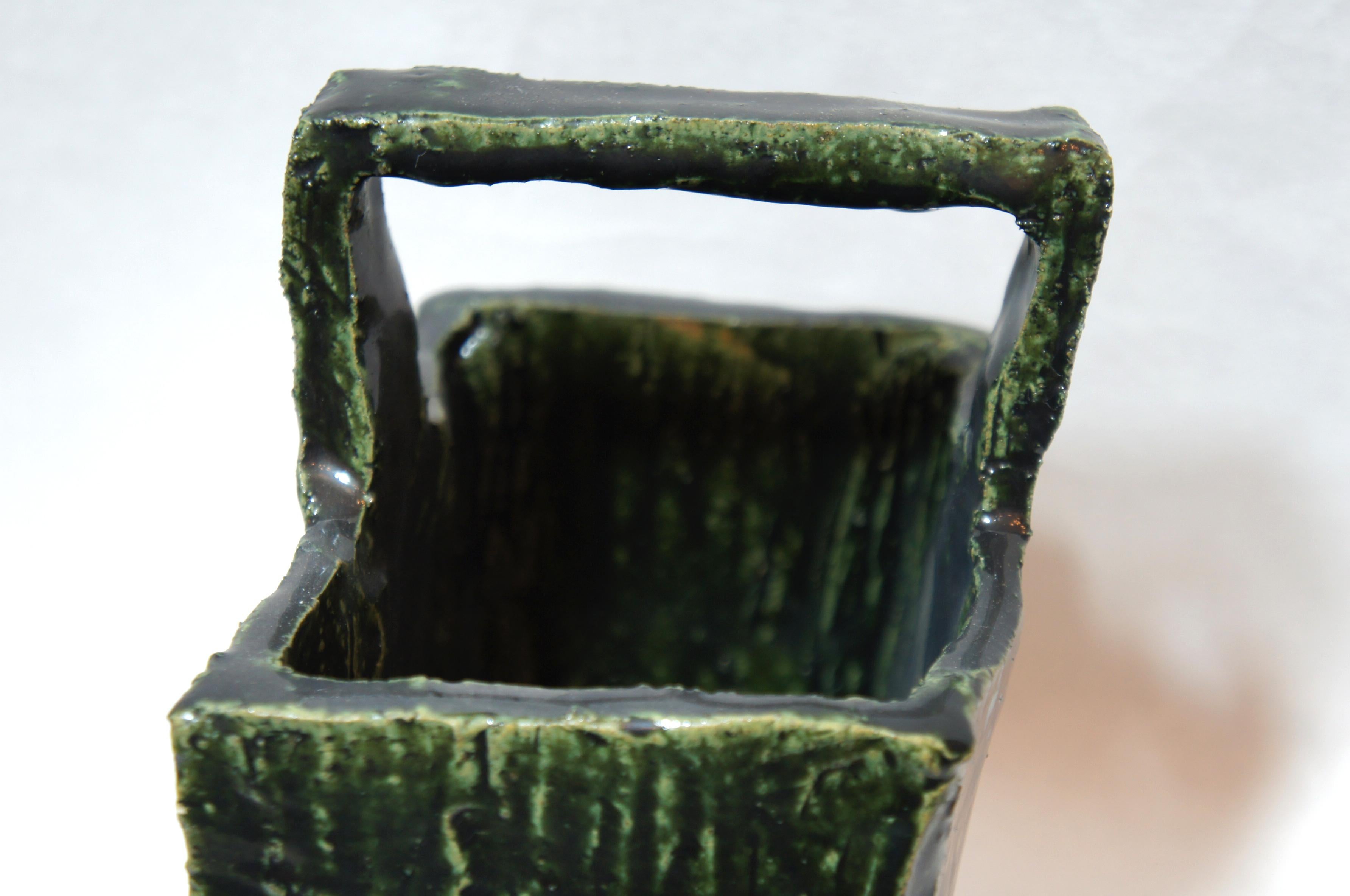 Showa Japanese Dark Green Ceramic Oribe Ware Vase with Handle, 1970s
