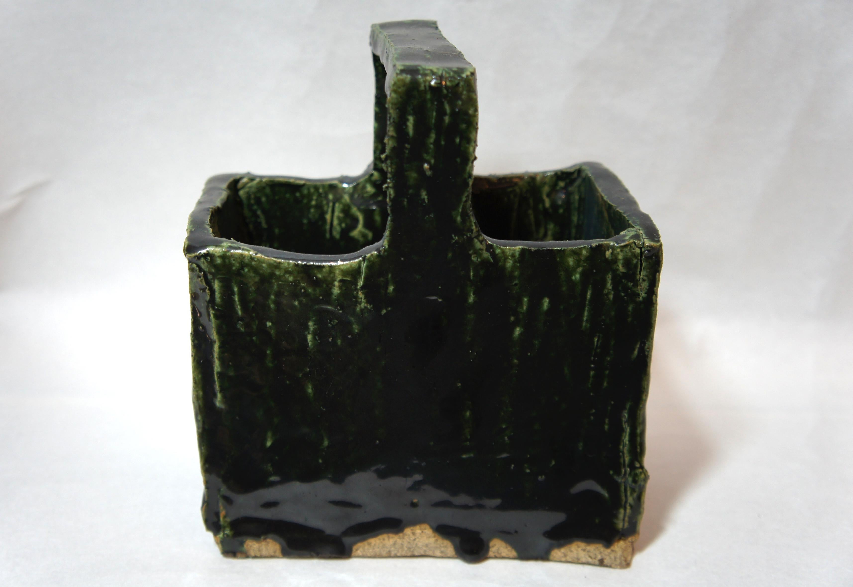 Hand-Crafted Japanese Dark Green Ceramic Oribe Ware Vase with Handle, 1970s