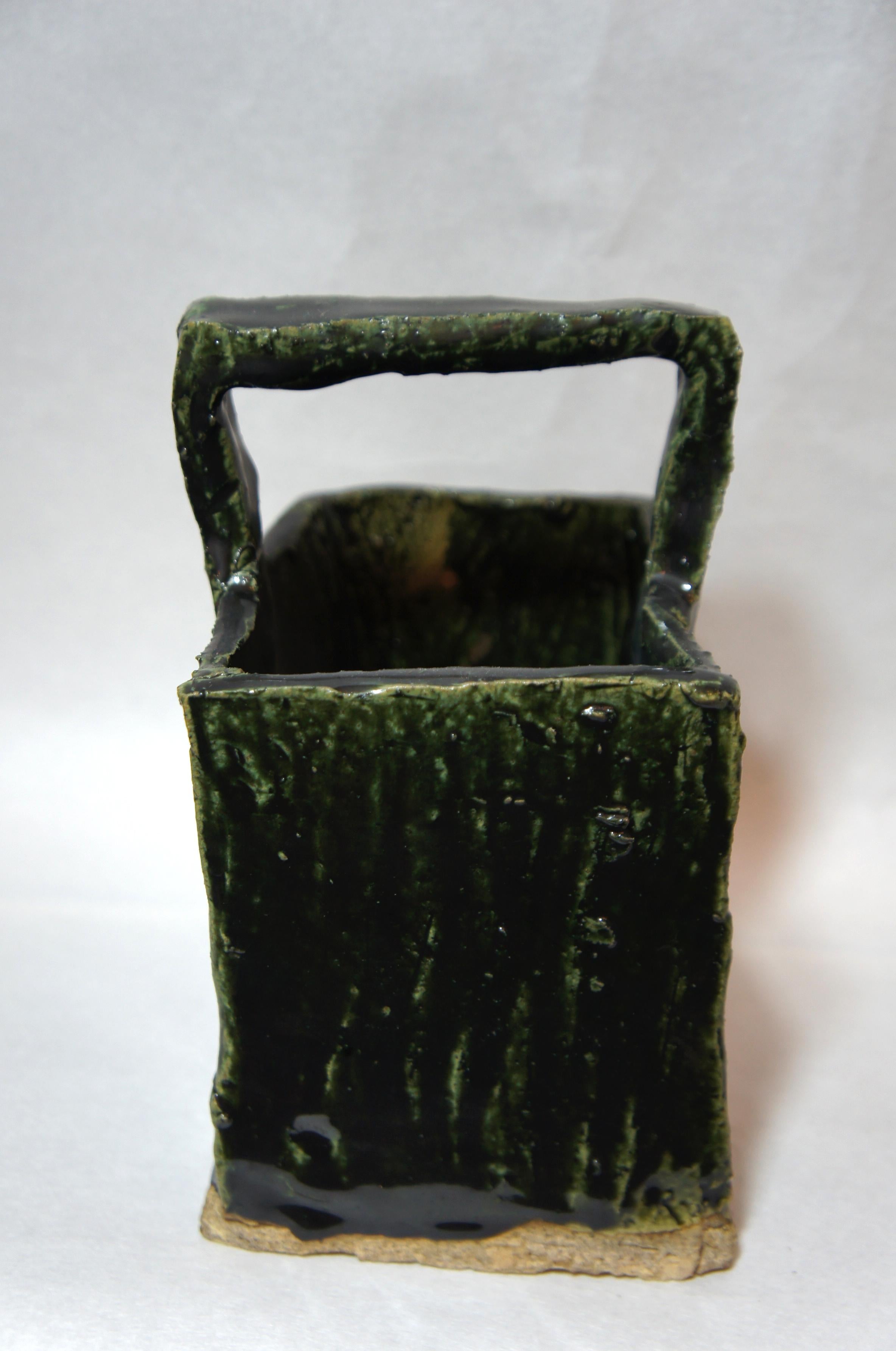 Japanese Dark Green Ceramic Oribe Ware Vase with Handle, 1970s In Good Condition In Paris, FR