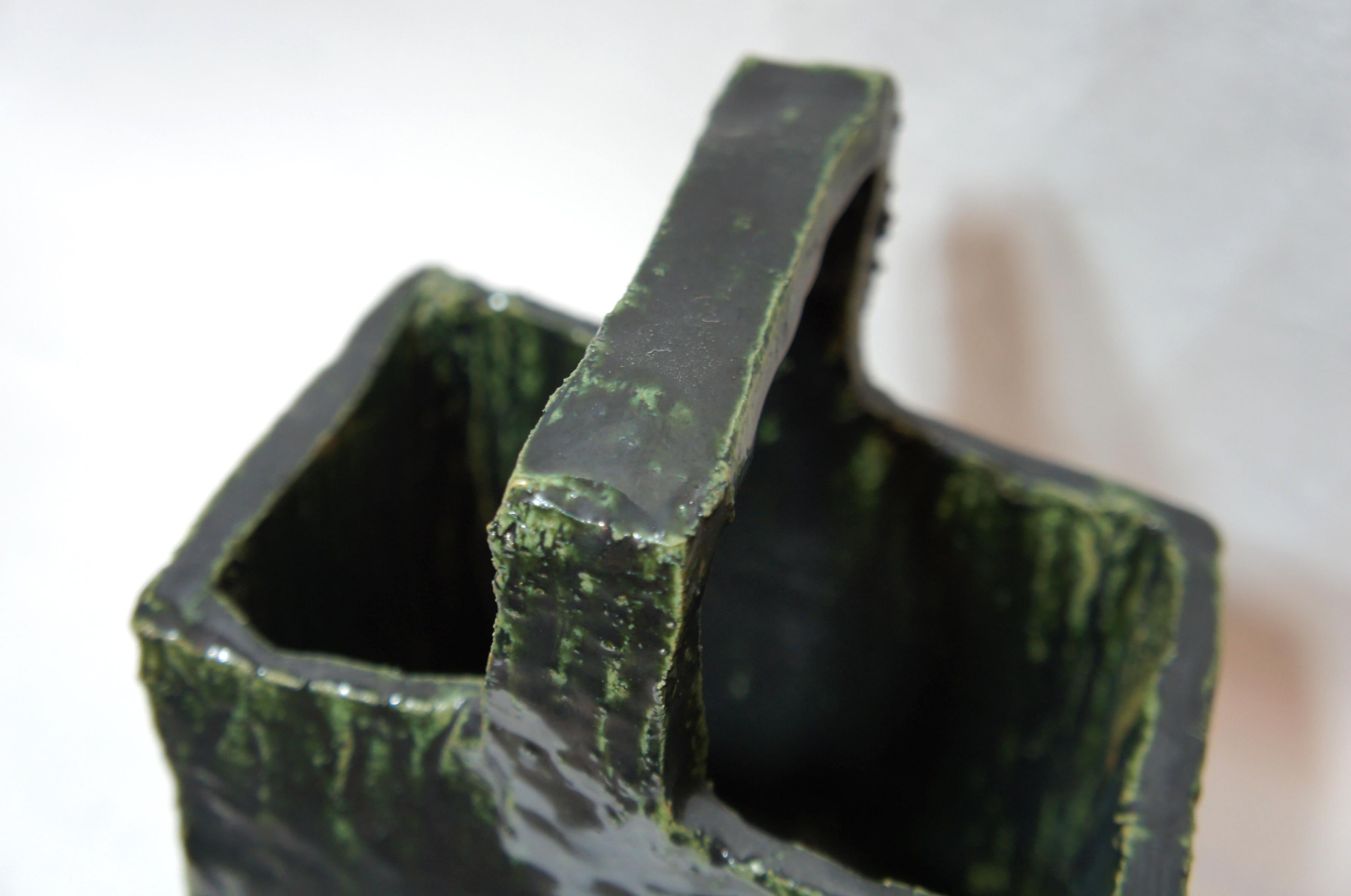 20th Century Japanese Dark Green Ceramic Oribe Ware Vase with Handle, 1970s