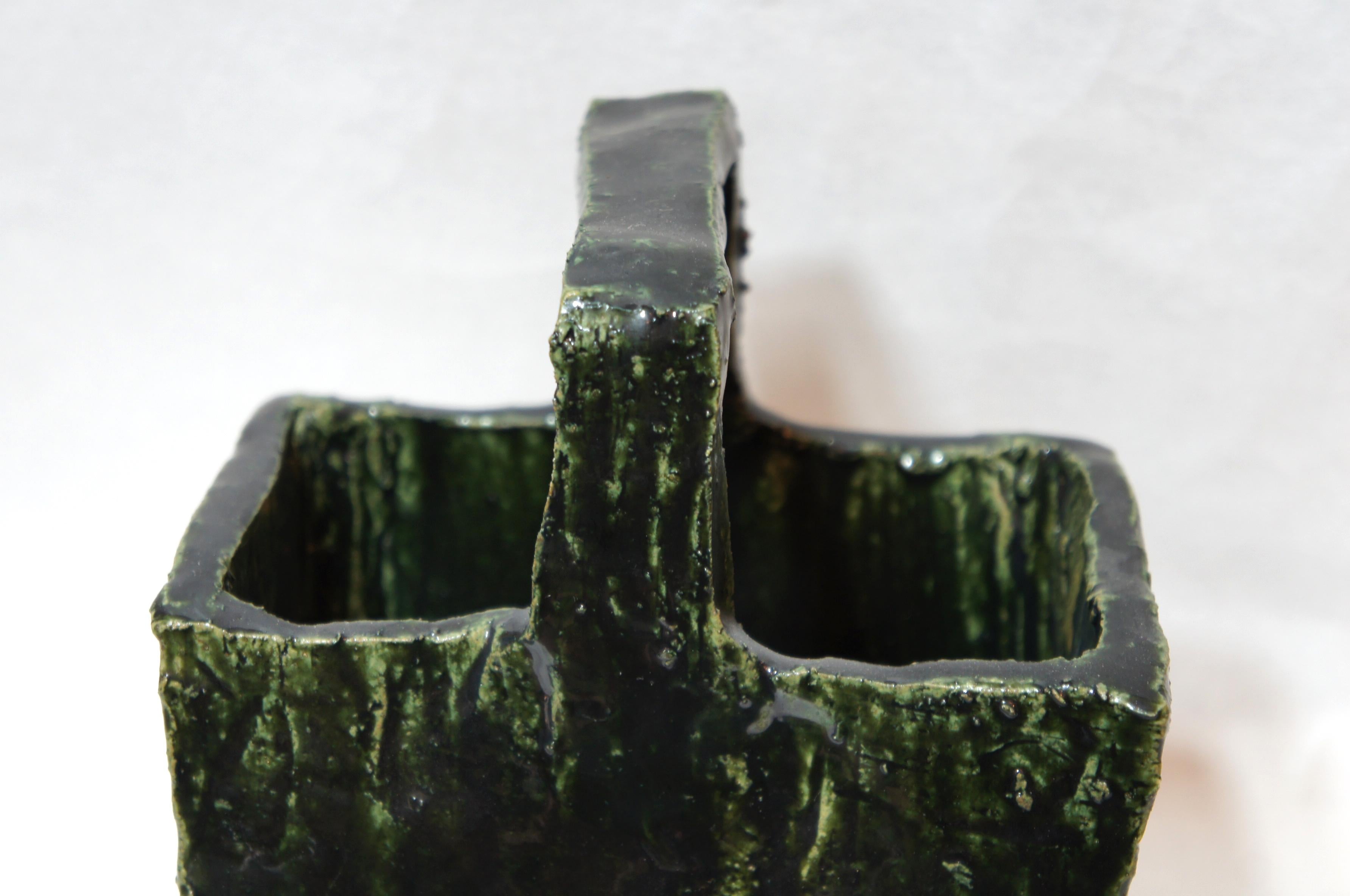 Japanese Dark Green Ceramic Oribe Ware Vase with Handle, 1970s 3