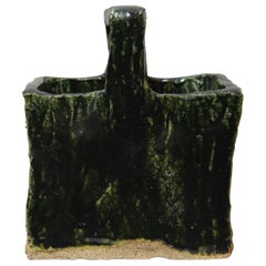 Japanese Dark Green Ceramic Oribe Ware Vase with Handle, 1970s