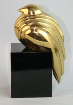 Japanische Quail-Skulptur aus Messing im japanischen Deko-Stil auf Holzsockel