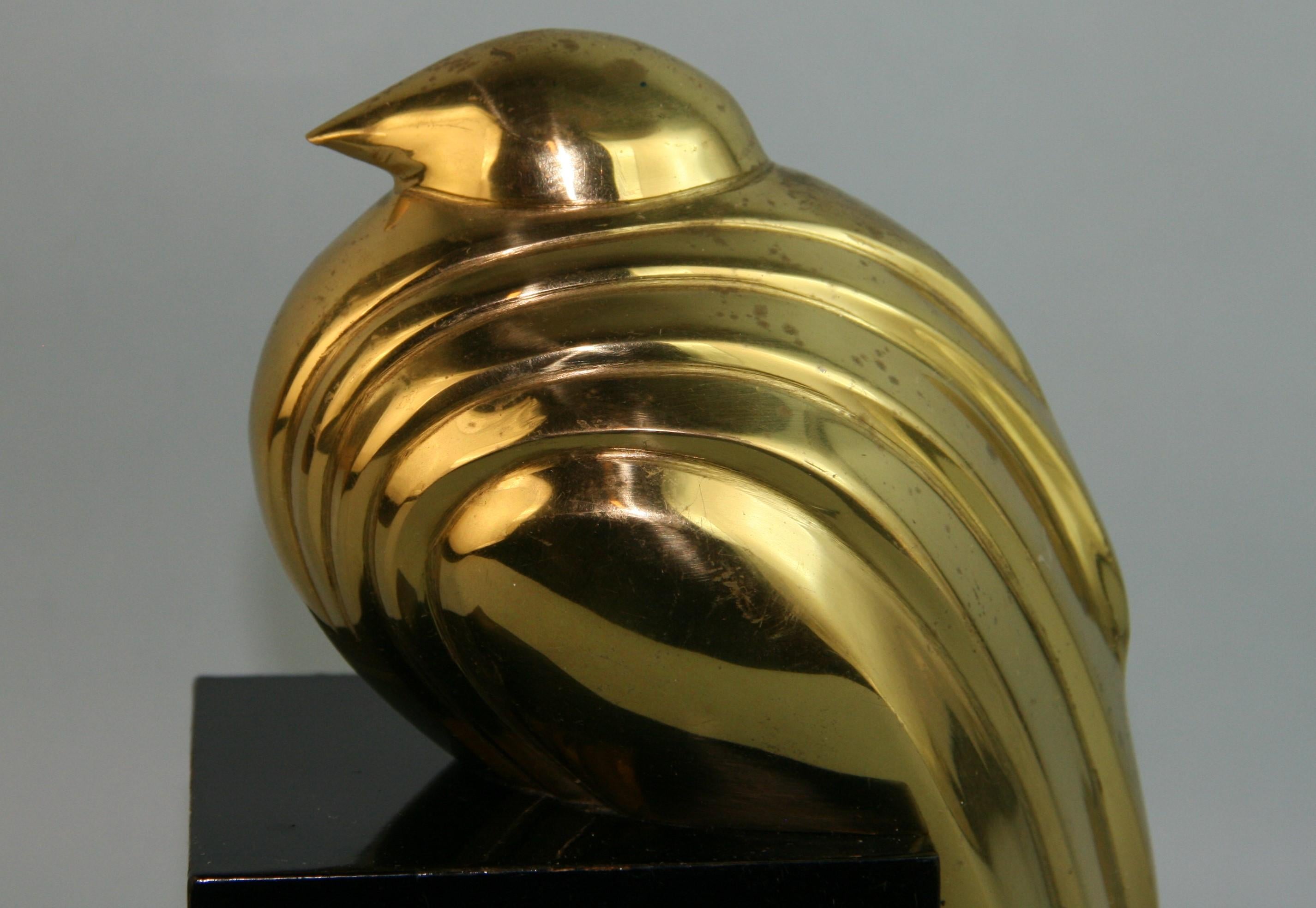 Japanese Deco Style Brass Quail Sculpture on Wood Base In Good Condition In Douglas Manor, NY