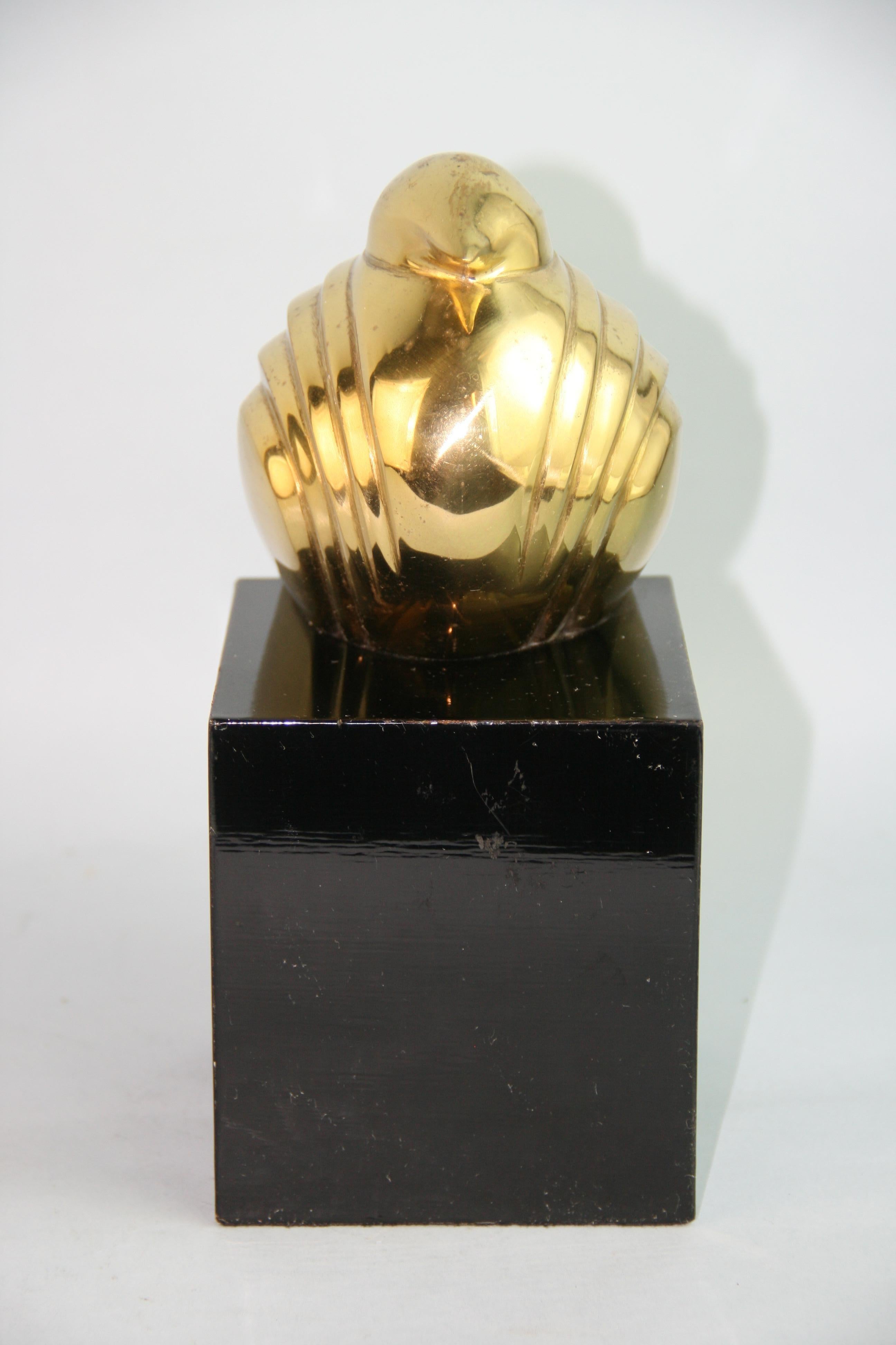Japanese Deco Style Brass Quail Sculpture on Wood Base 1