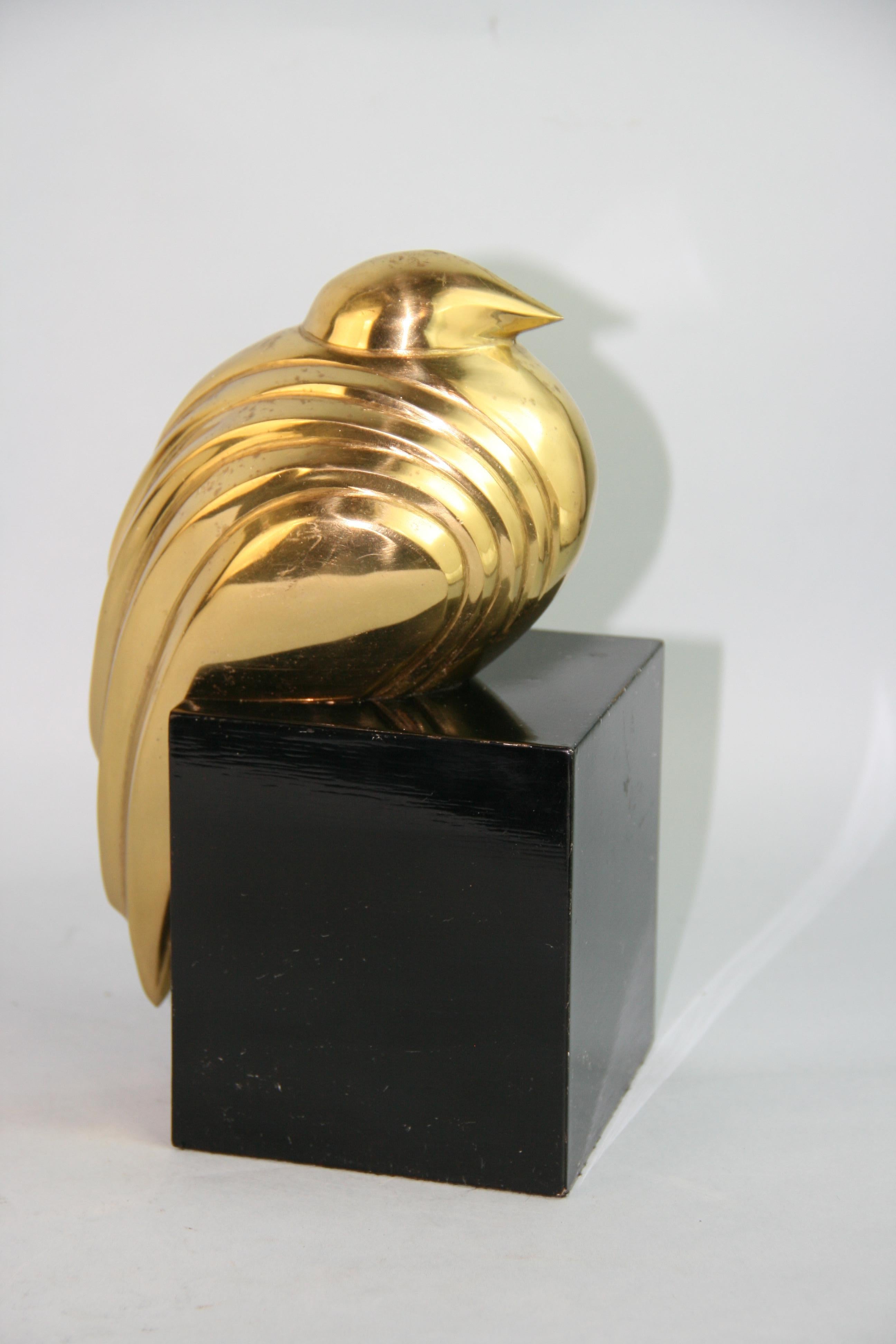 Japanese Deco Style Brass Quail Sculpture on Wood Base 2