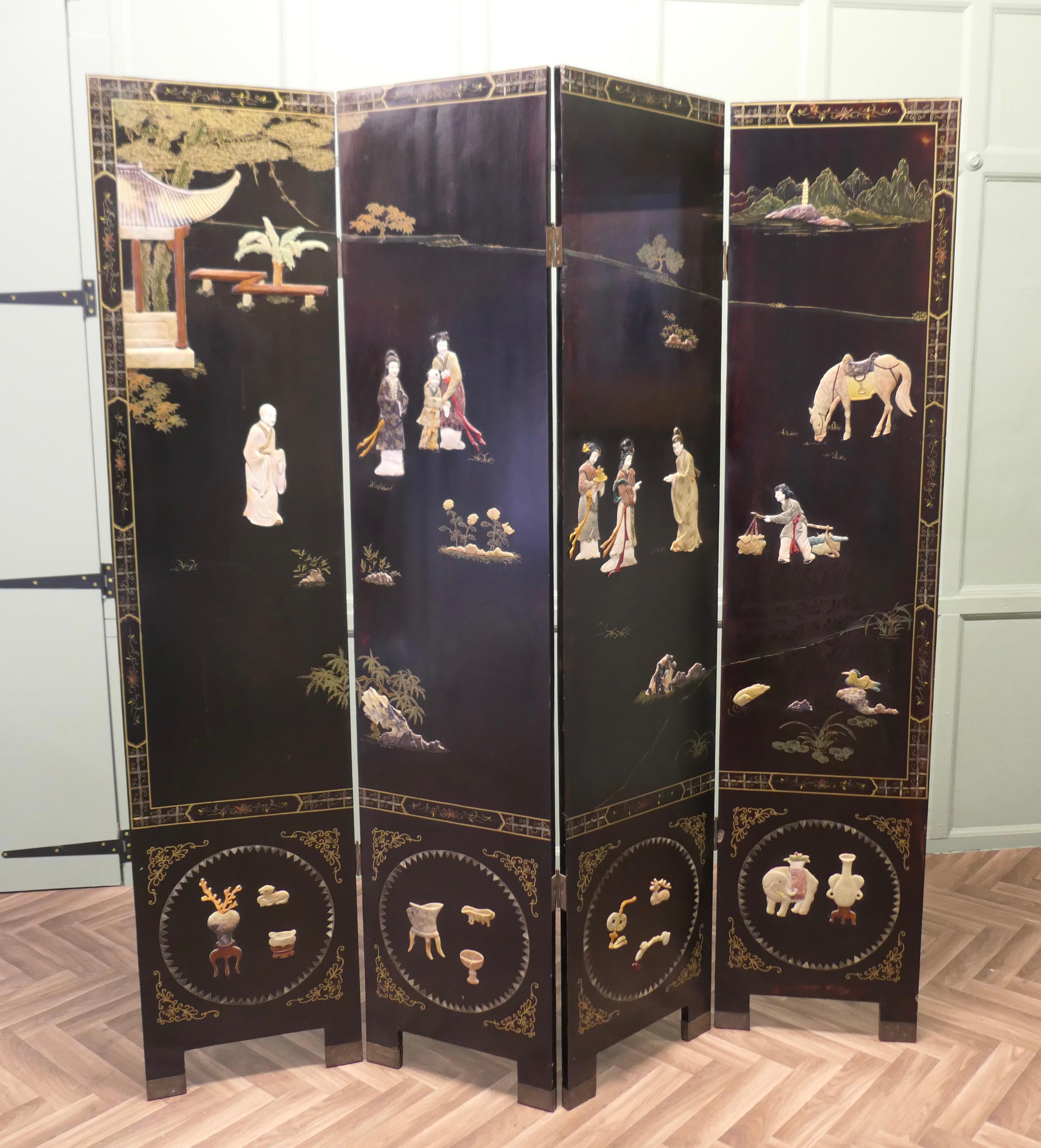 Mid-20th Century Japanese Decorated Lacquer and Painted Folding Screen For Sale
