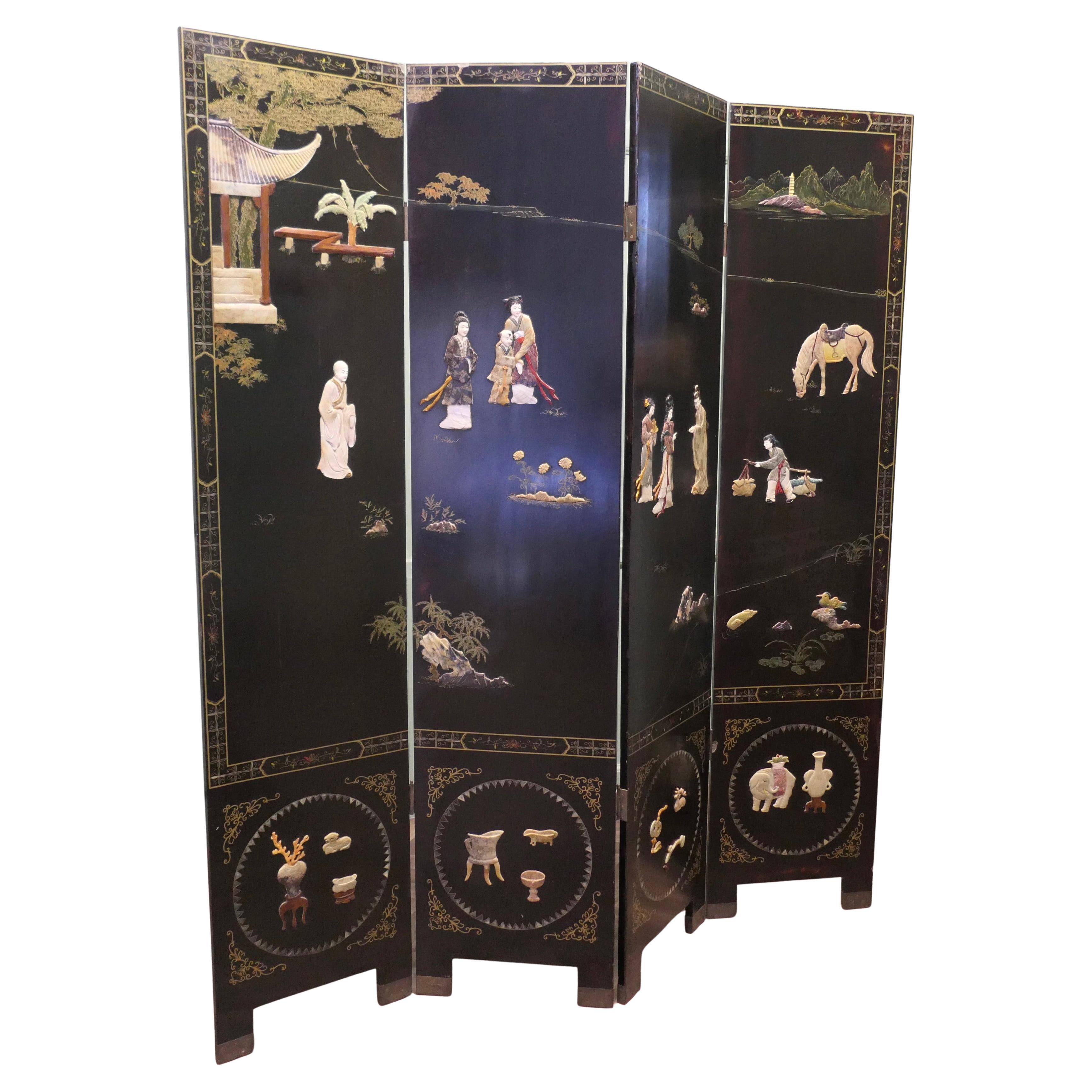 Japanese Decorated Lacquer and Painted Folding Screen For Sale