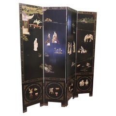 Vintage Japanese Decorated Lacquer and Painted Folding Screen