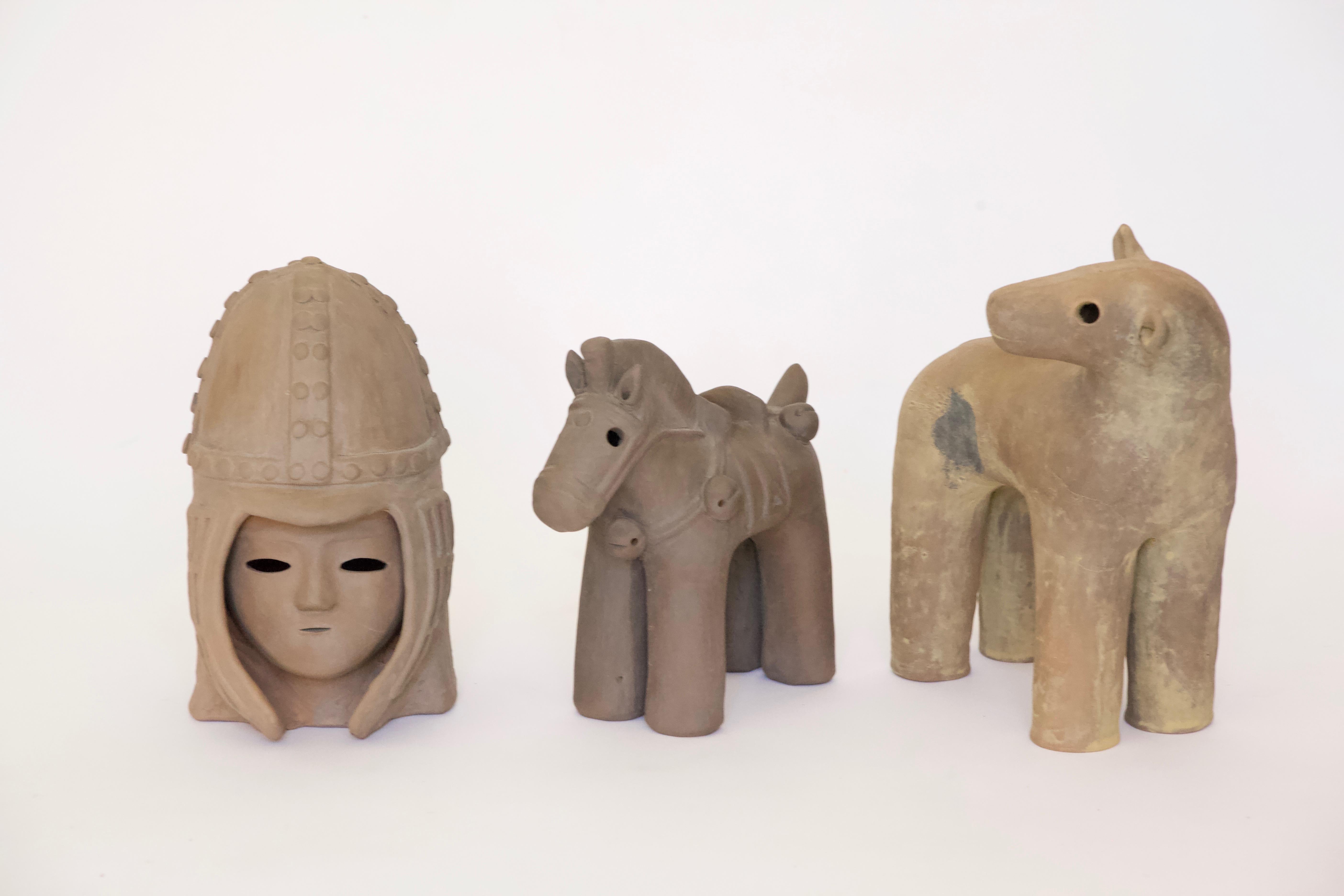3 ceramic Japanese Haniwa style ceramic figures.