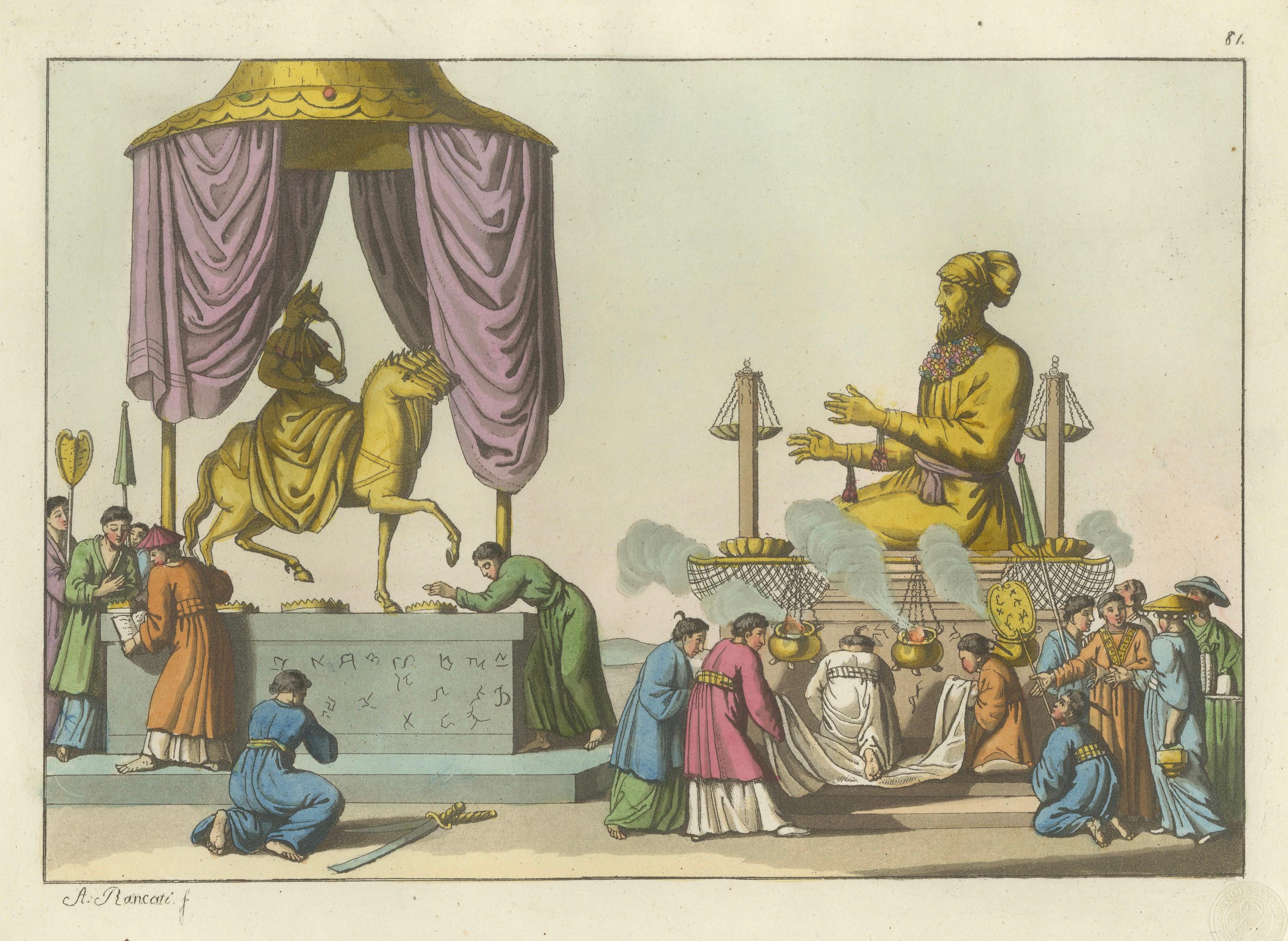 Japanese Deities Amida and Xaca Ceremony – Ferrario Print, Hand-Colored c.1815