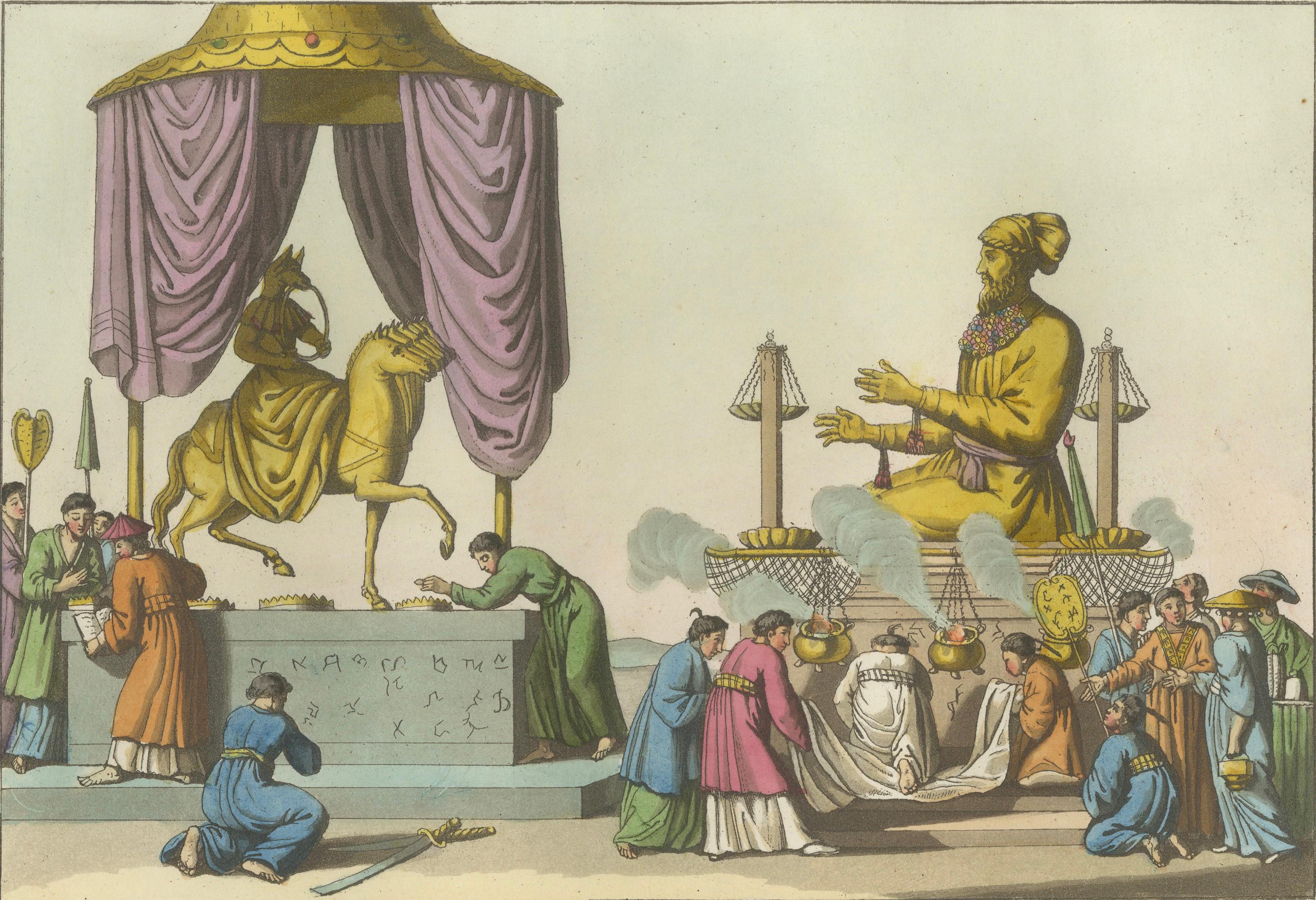 Japanese Deities Amida and Xaca Ceremony – Ferrario Print, Hand-Colored c.1815