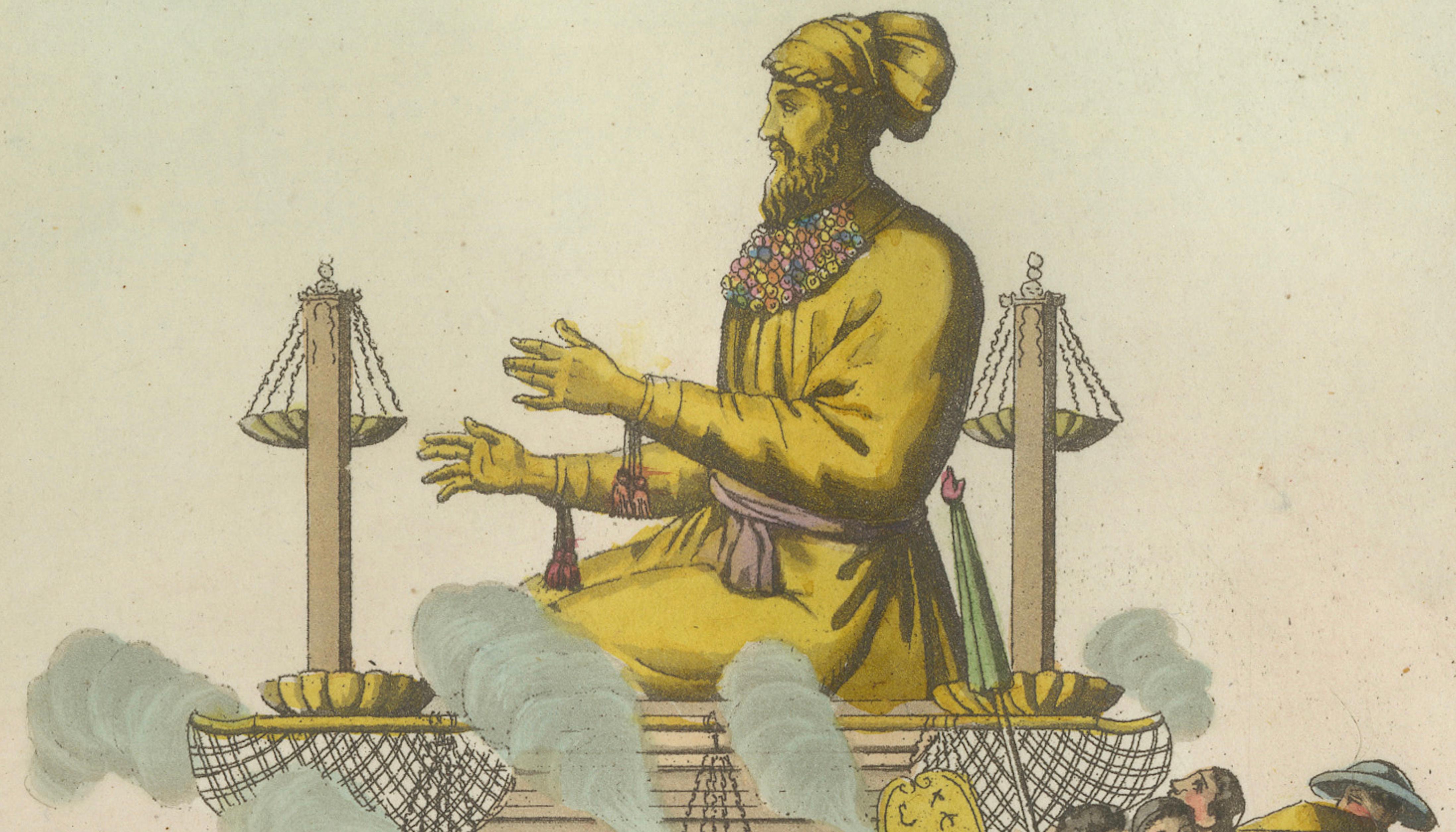 Japanese Deities Amida and Xaca Ceremony – Ferrario Print, Hand-Colored c.1815