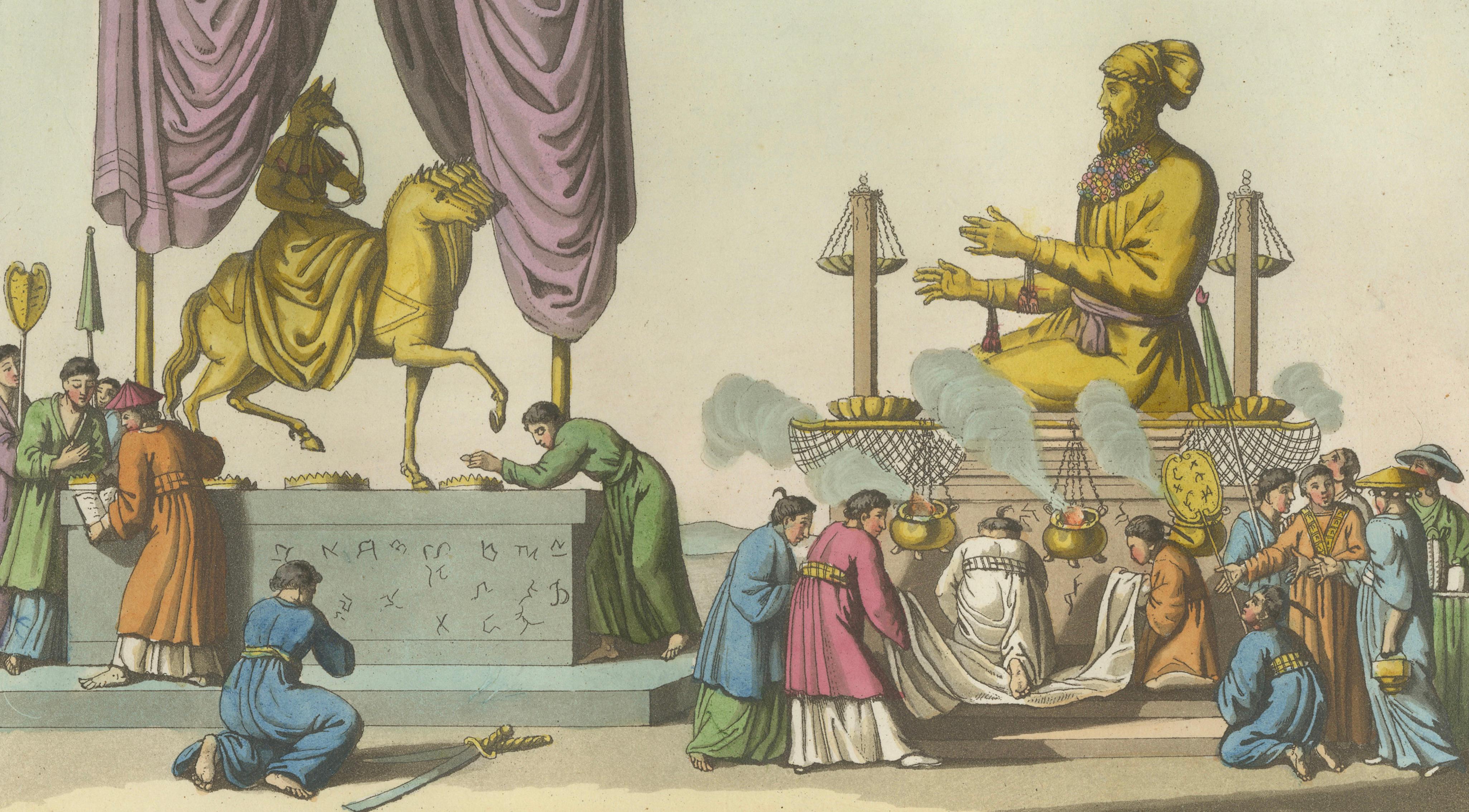 Japanese Deities Amida and Xaca Ceremony – Ferrario Print, Hand-Colored c.1815