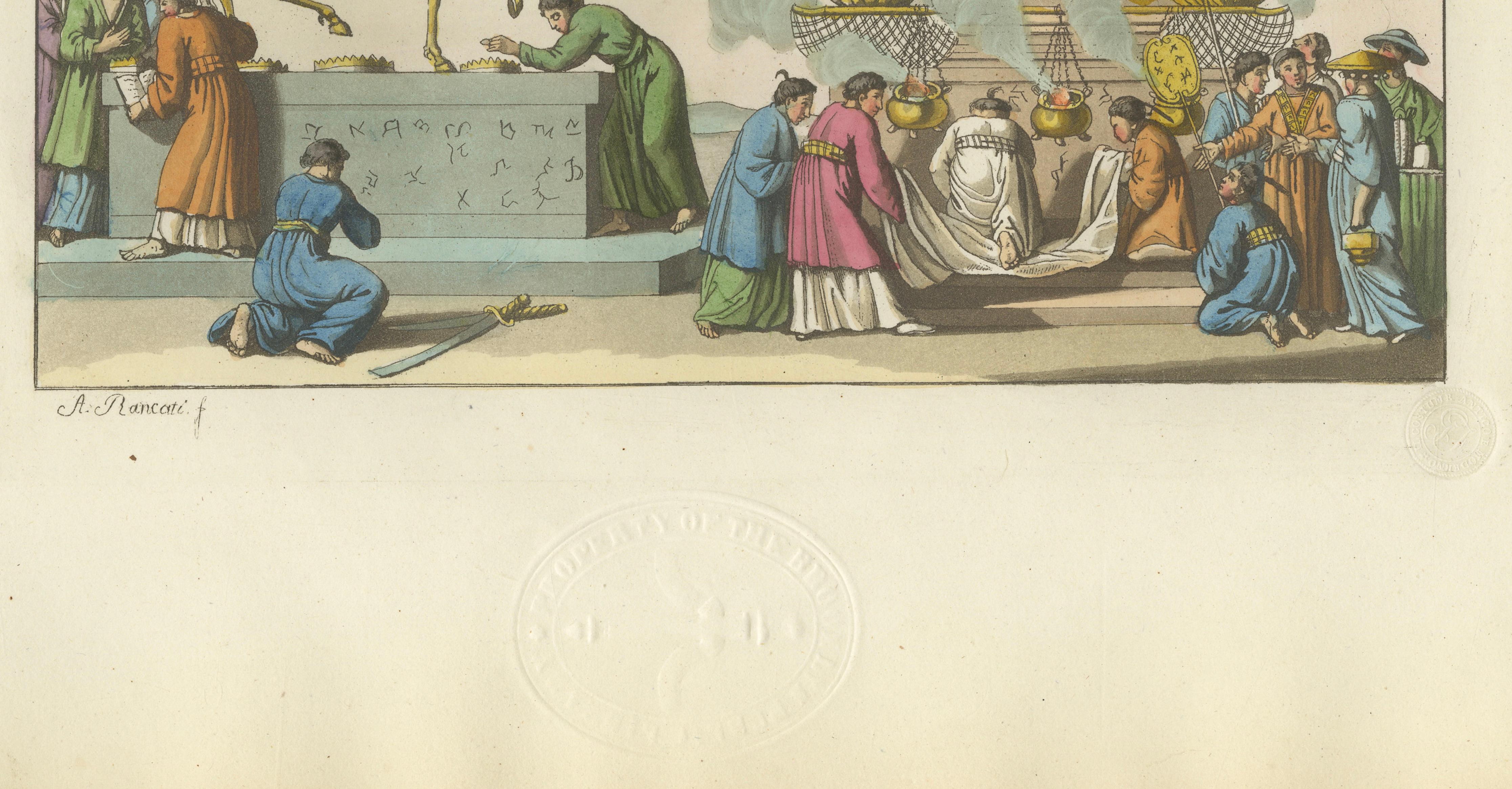 Japanese Deities Amida and Xaca Ceremony – Ferrario Print, Hand-Colored c.1815