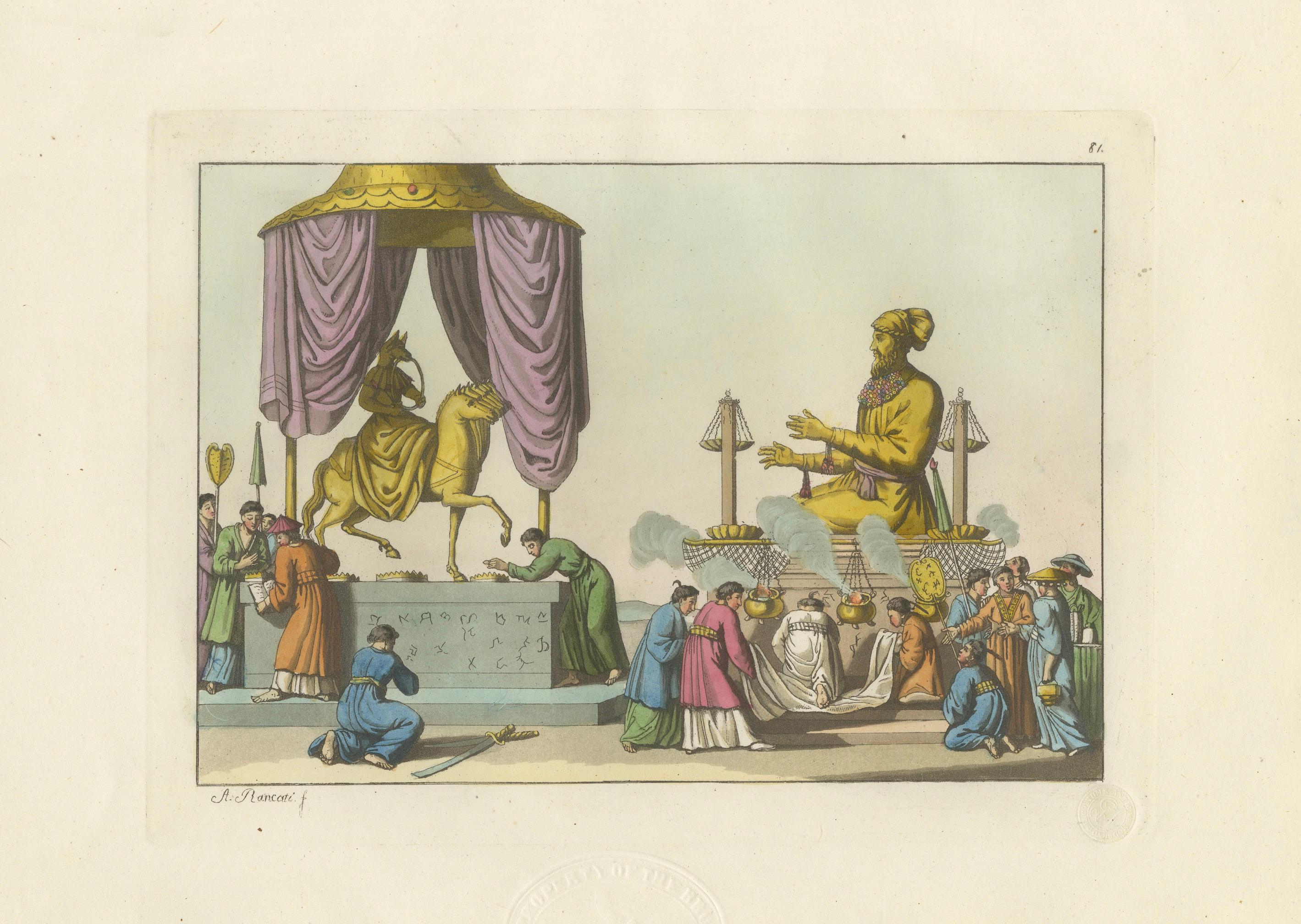 Japanese Deities Amida and Xaca Ceremony – Ferrario Print, Hand-Colored c.1815